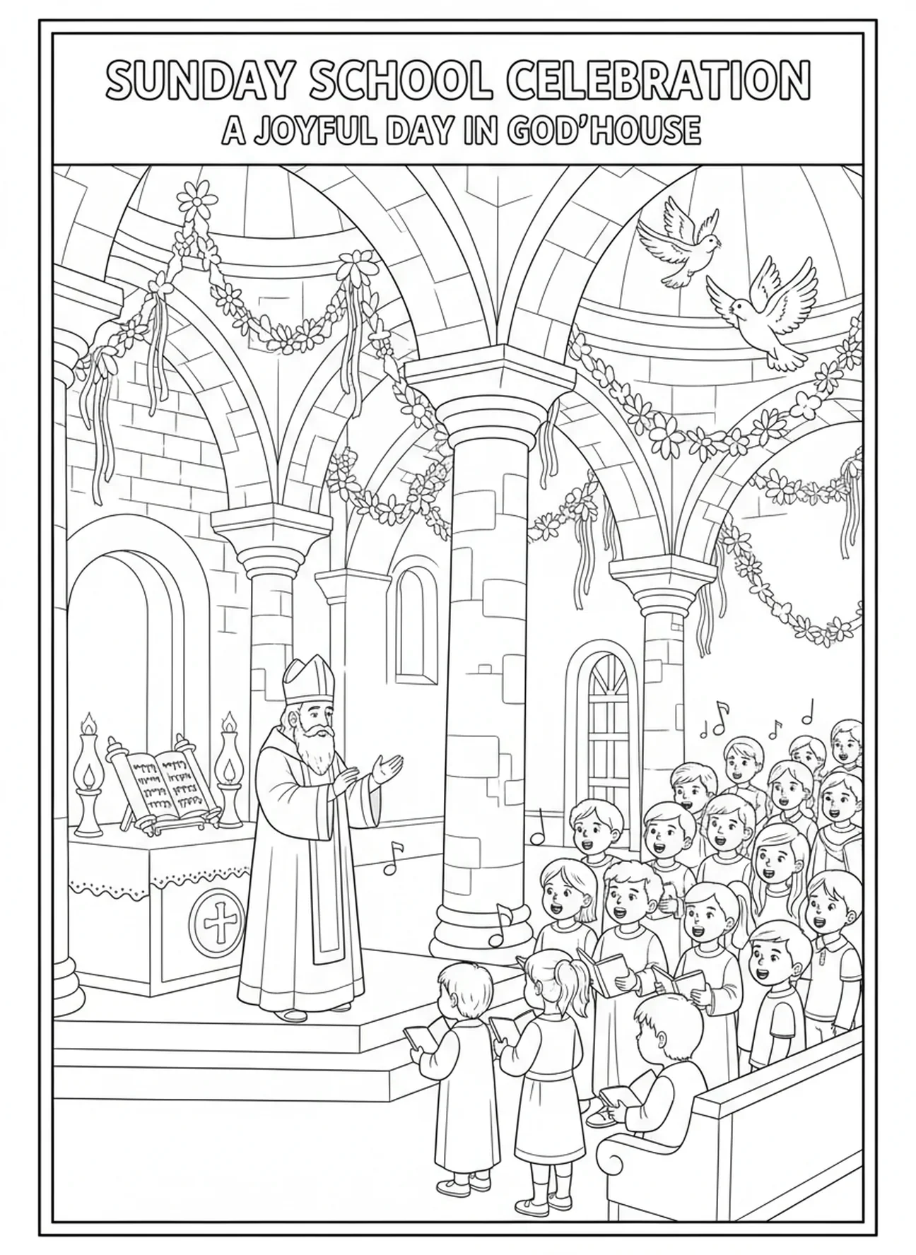 Celebração festiva na igreja, página para colorir de um edifício da Igreja Católica para crianças da Escola Dominical de 5 a 12 anos.