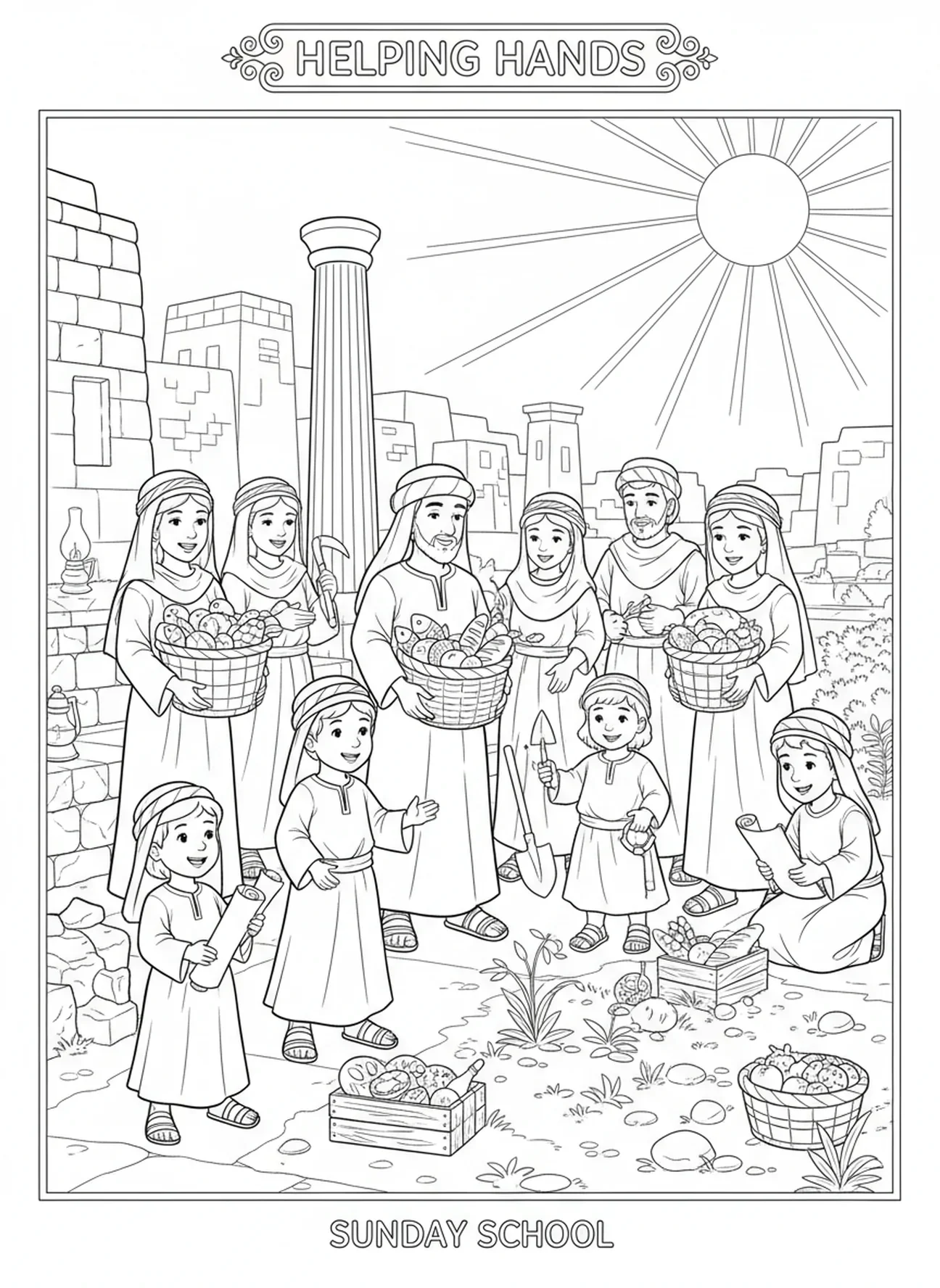 Projeto comunitário fora da igreja, página de colorir do Edifício da Igreja Católica para crianças da Escola Dominical de 5 a 12 anos.
