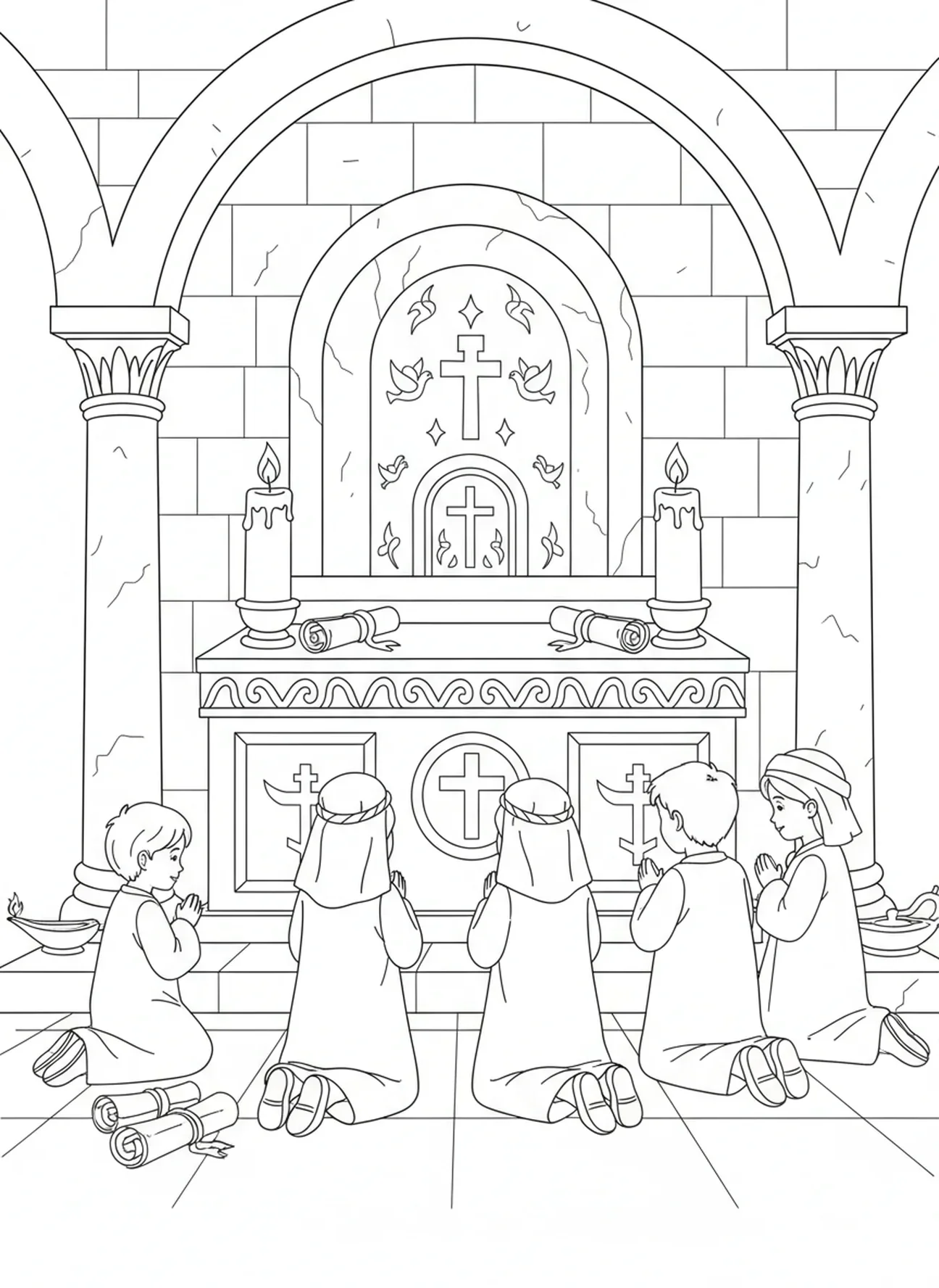 Crianças ajoelhadas em oração, página de colorir de um edifício da Igreja Católica para crianças da Escola Dominical de 5 a 12 anos.