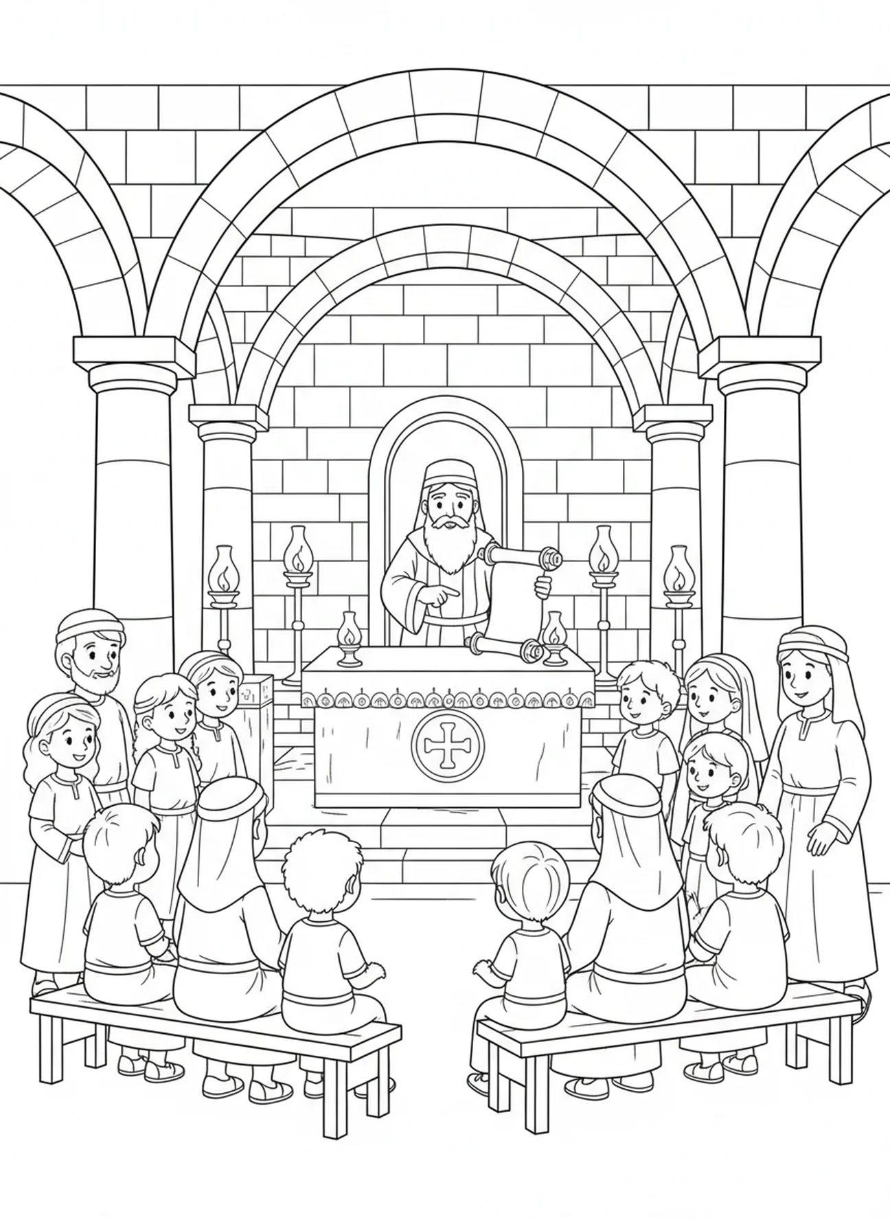 Congregação reunida, página para colorir de um edifício da Igreja Católica para crianças de 5 a 12 anos na Escola Dominical.
