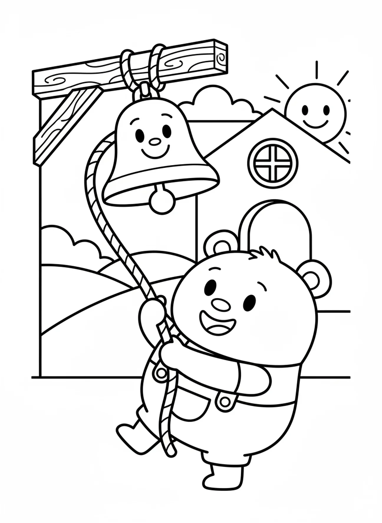 Personagem amigável tocando o sino da igreja, página para colorir do campanário para crianças de 3 a 5 anos.