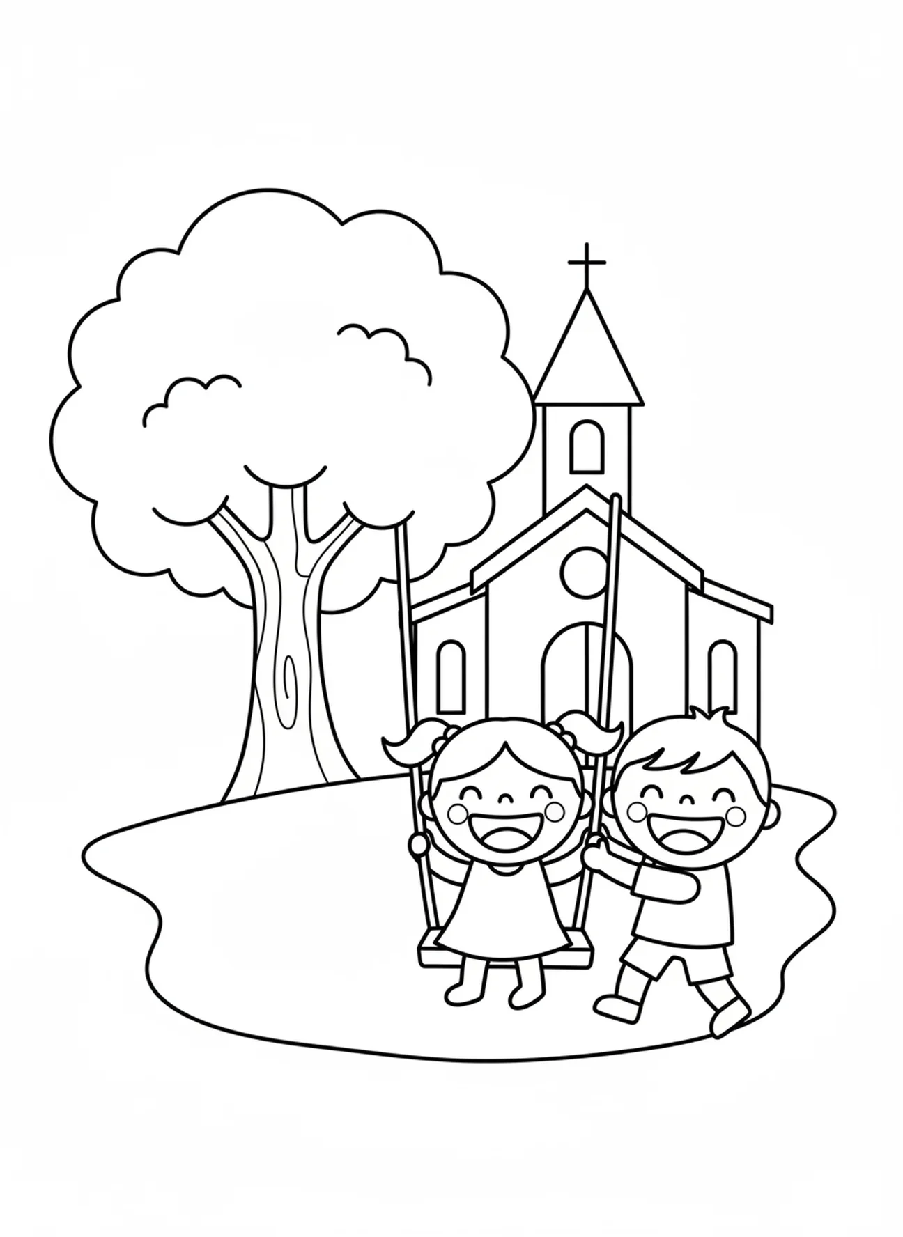 Duas crianças alegres brincando perto da igreja, página para colorir do campanário para pré-escolares de 3 a 5 anos.