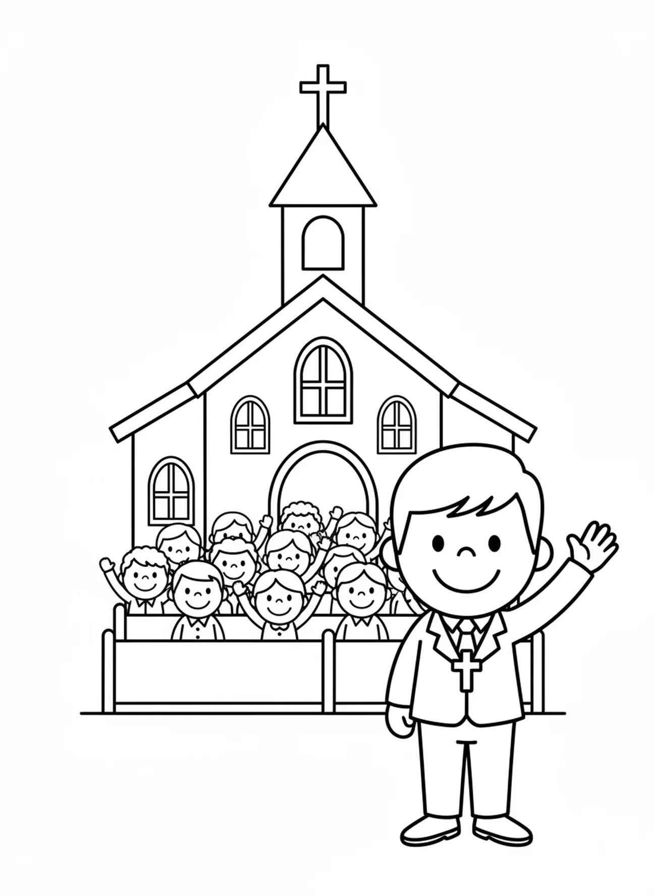 Pastor acenando para a congregação, página para colorir com o templo da igreja para pré-escolares de 3 a 5 anos.