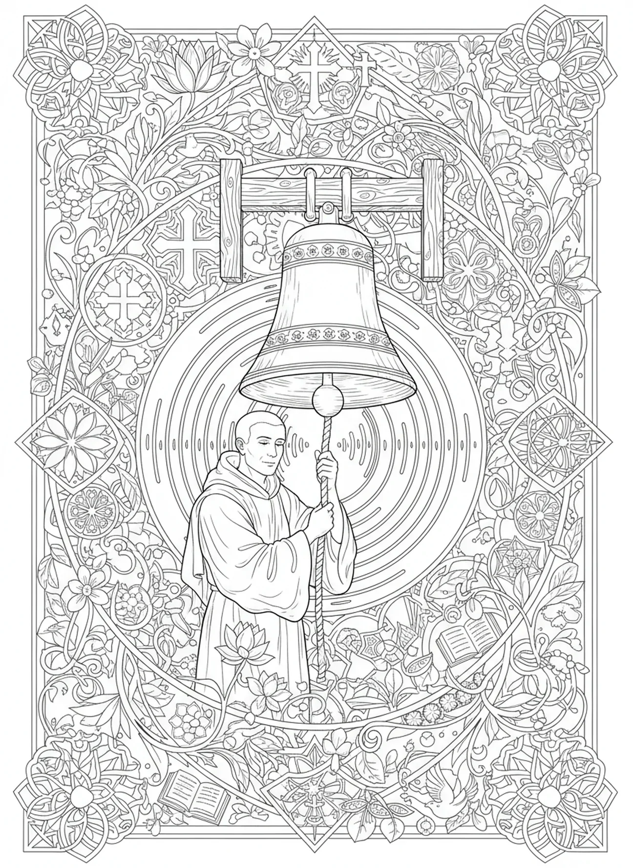 Mönch, der eine Glocke läutet, Mönch Ausmalbild für Erwachsene im Stil des Bibel-Journalings.