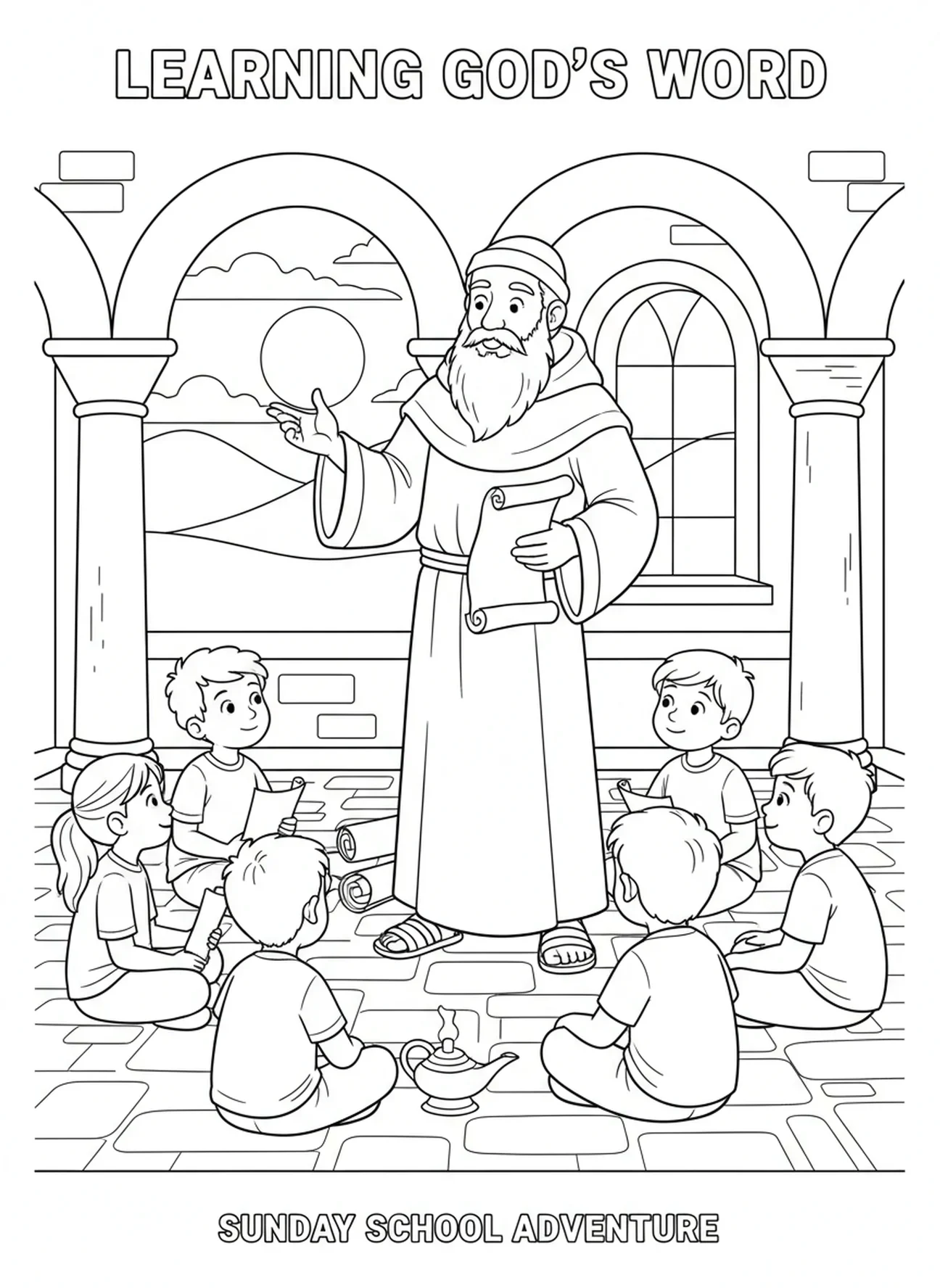 Monnik die discipelen onderwijst, Monnik kleurplaat voor Zondagsschool kinderen van 5-12 jaar.