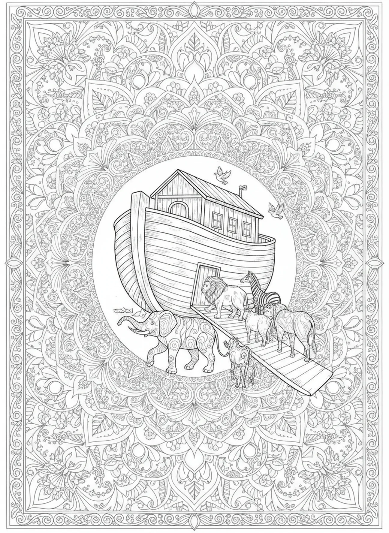 Paires d'animaux entrant dans l'arche, page à colorier Nun pour adultes dans un style de journal biblique