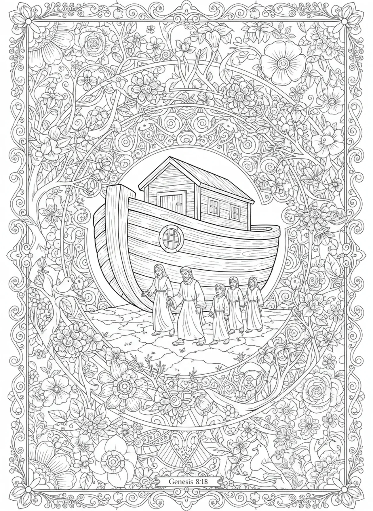 Noé et sa famille débarquant de l'arche, page à colorier Nun pour adultes dans un style de journal biblique