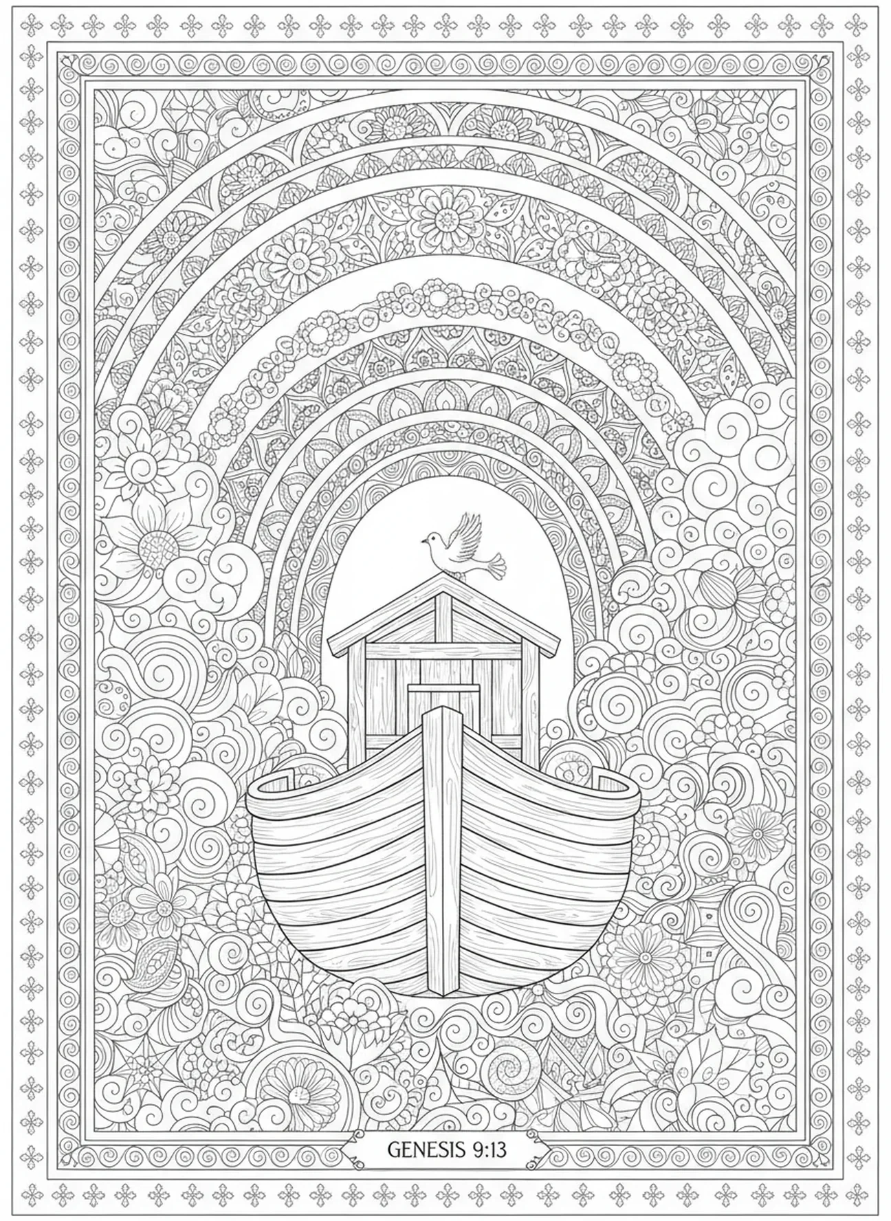 Arc-en-ciel au-dessus de l'arche après le déluge, page à colorier Nun pour adultes dans le style du journal biblique
