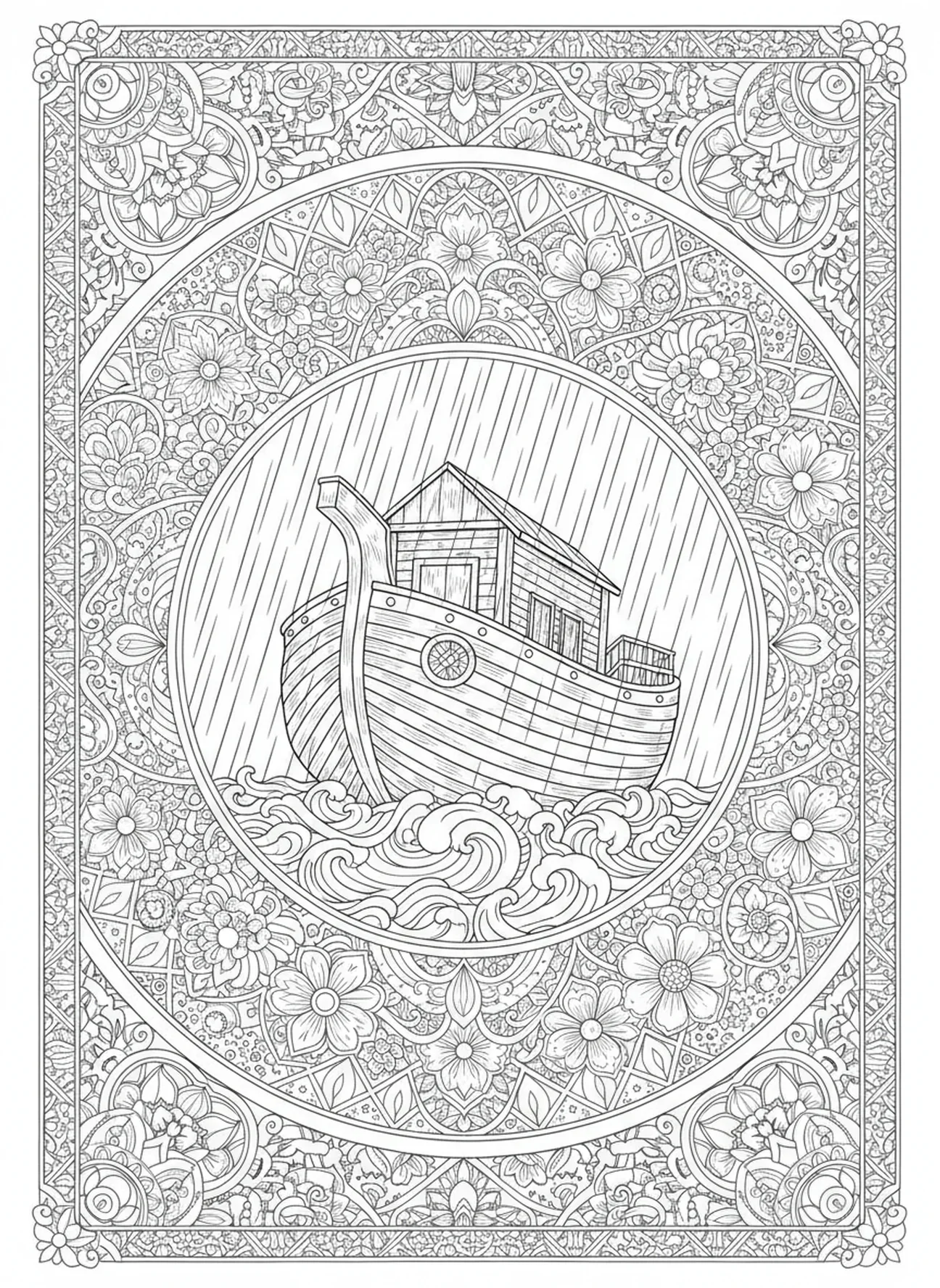 L'arche flottant sur l'eau pendant la pluie, page à colorier Nun pour adultes dans un style de journal biblique