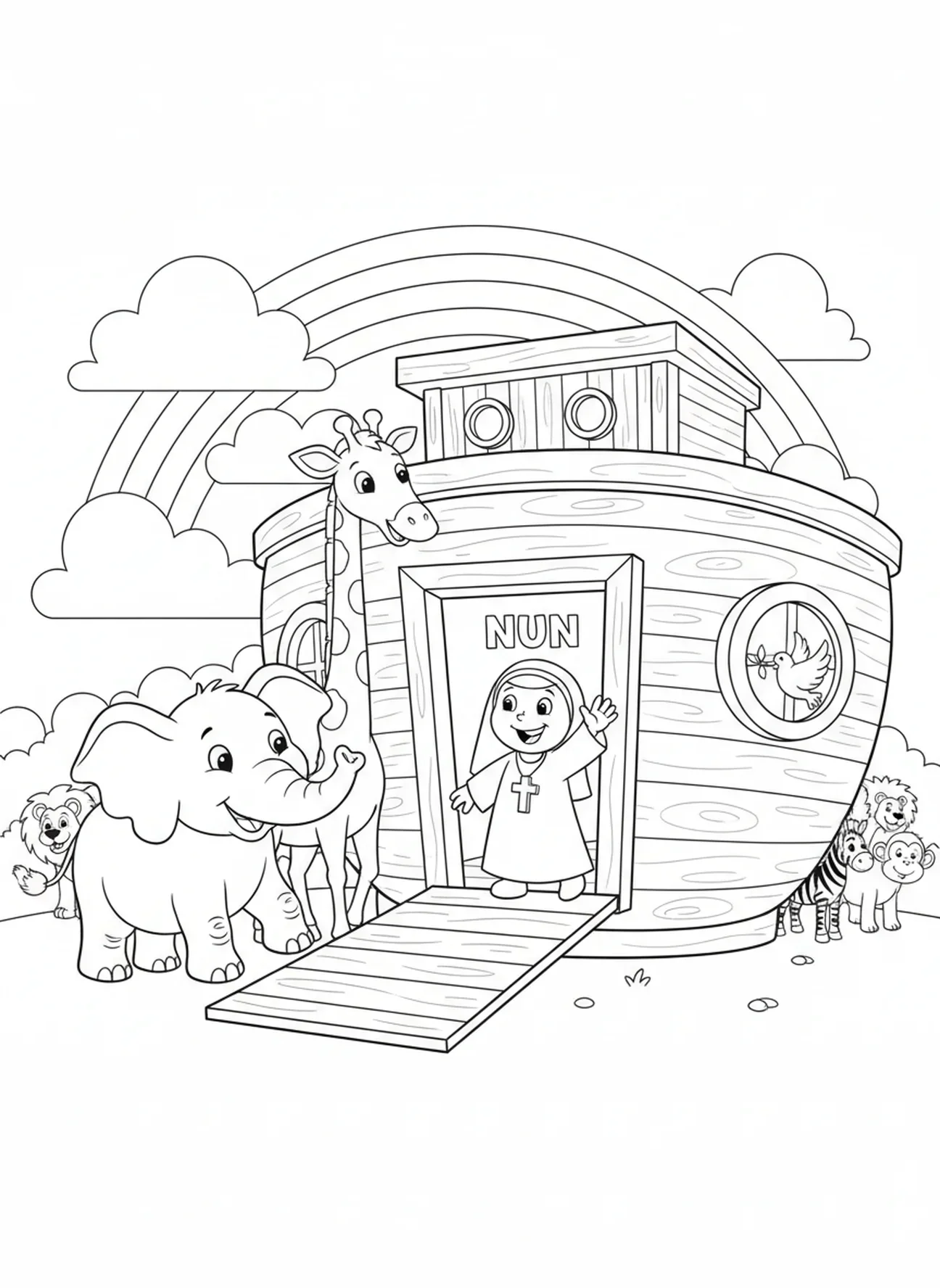 Dos animales de dibujos animados, página para colorear de Noé para niños de 5 a 10 años.