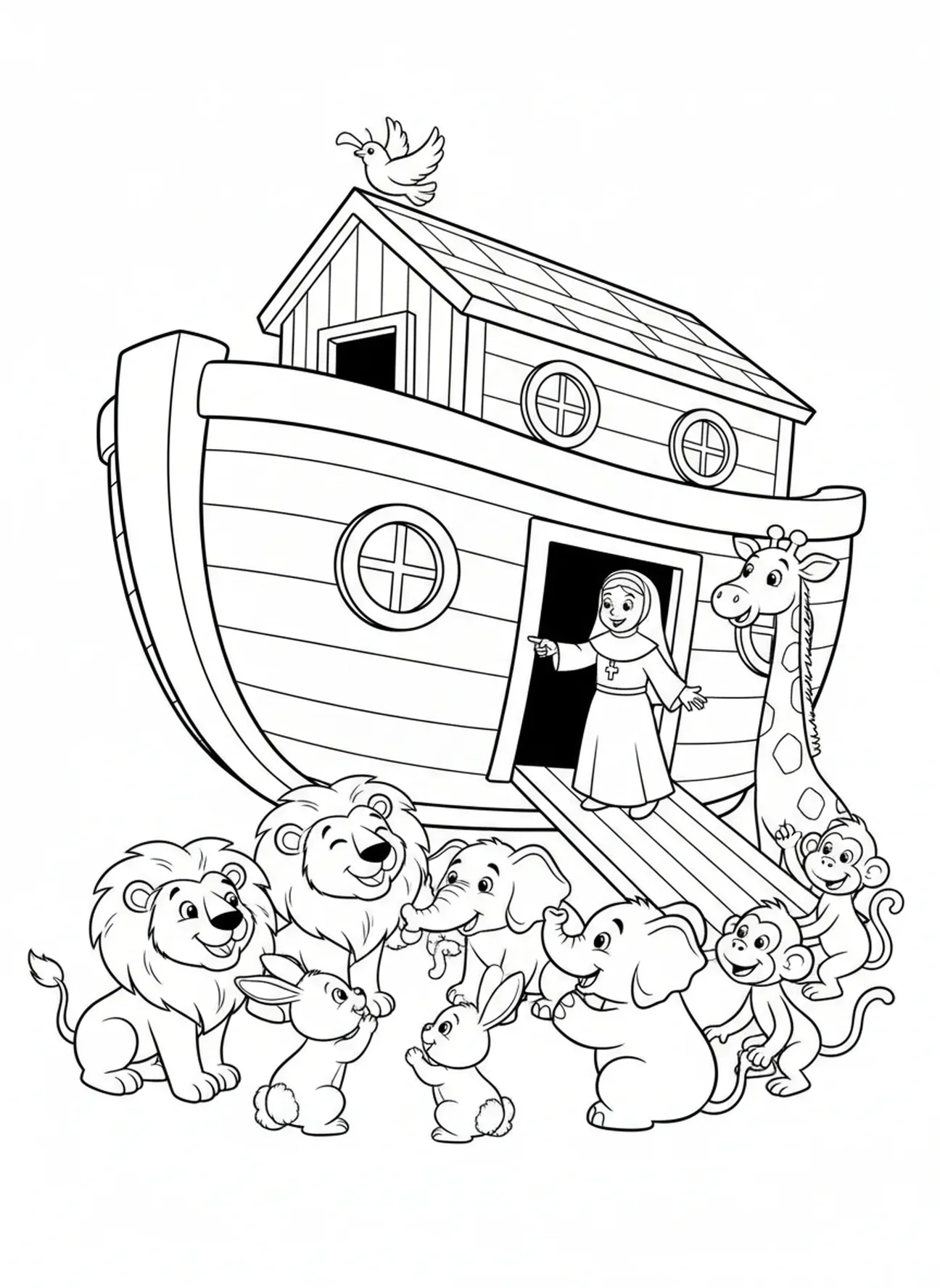 Reuniendo animales, página para colorear de Nun para niños de 5 a 10 años.