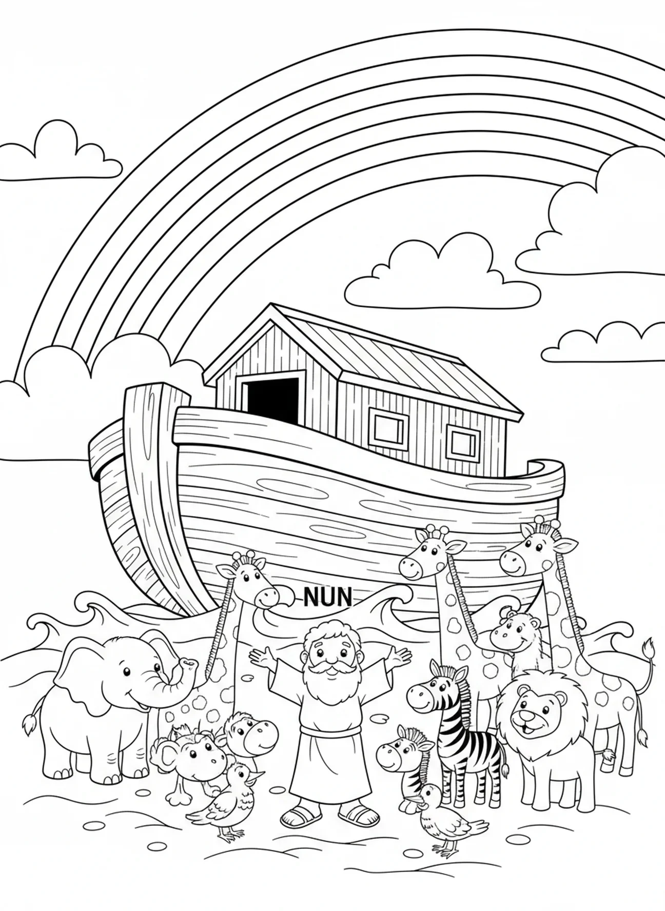 Arcoíris sobre el arca, página para colorear de Nun para niños de 5 a 10 años.