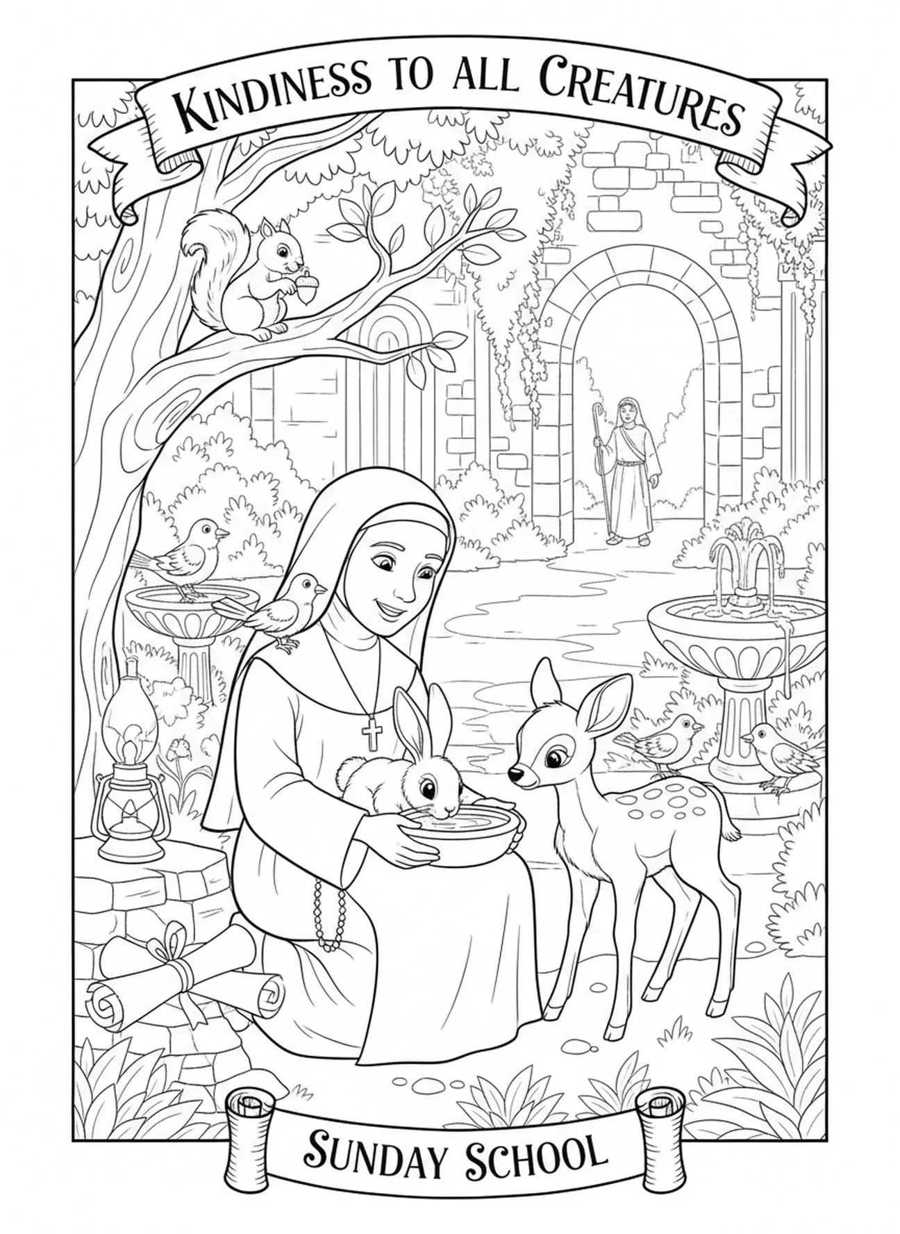 Nonne avec des animaux, page à colorier Nonne pour les enfants de l'École du dimanche âgés de 5 à 12 ans.
