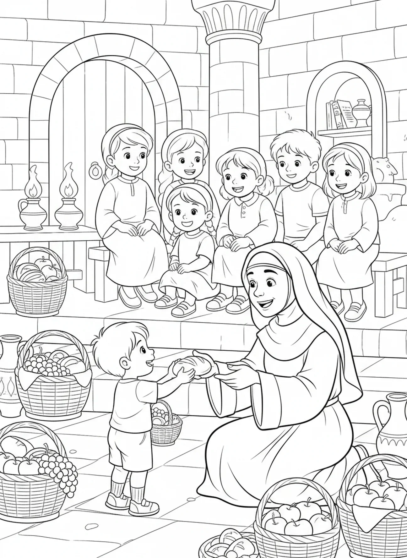 Nun partageant du pain, page à colorier Nun pour les enfants de l'École du dimanche âgés de 5 à 12 ans.
