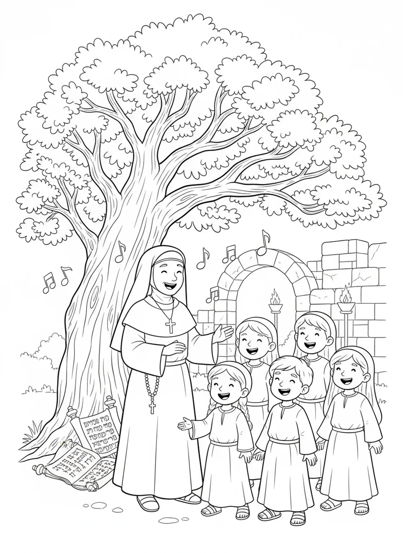 Soeur guidant des enfants en chant, page à colorier de la Soeur pour les enfants de l'École du dimanche âgés de 5 à 12 ans.