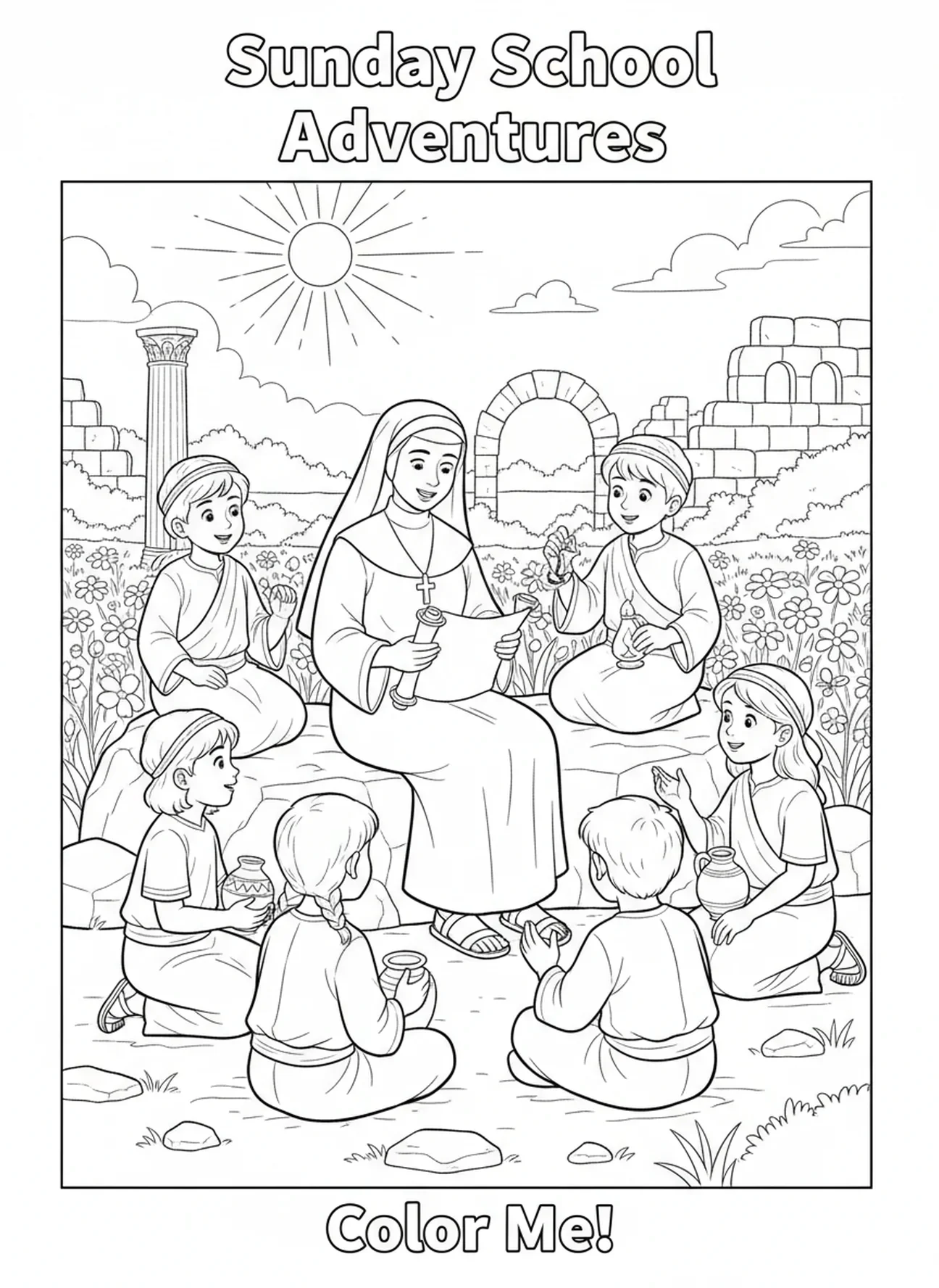 Soeur lisant un rouleau, page à colorier de la Soeur pour les enfants de l'École du dimanche âgés de 5 à 12 ans.