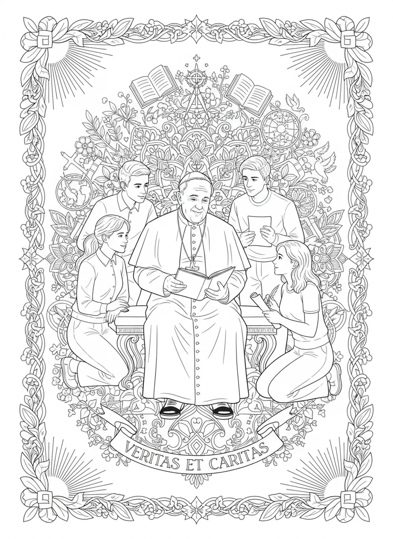 Papa entre estudiantes, página para colorear del Papa estilo journaling bíblico para adultos