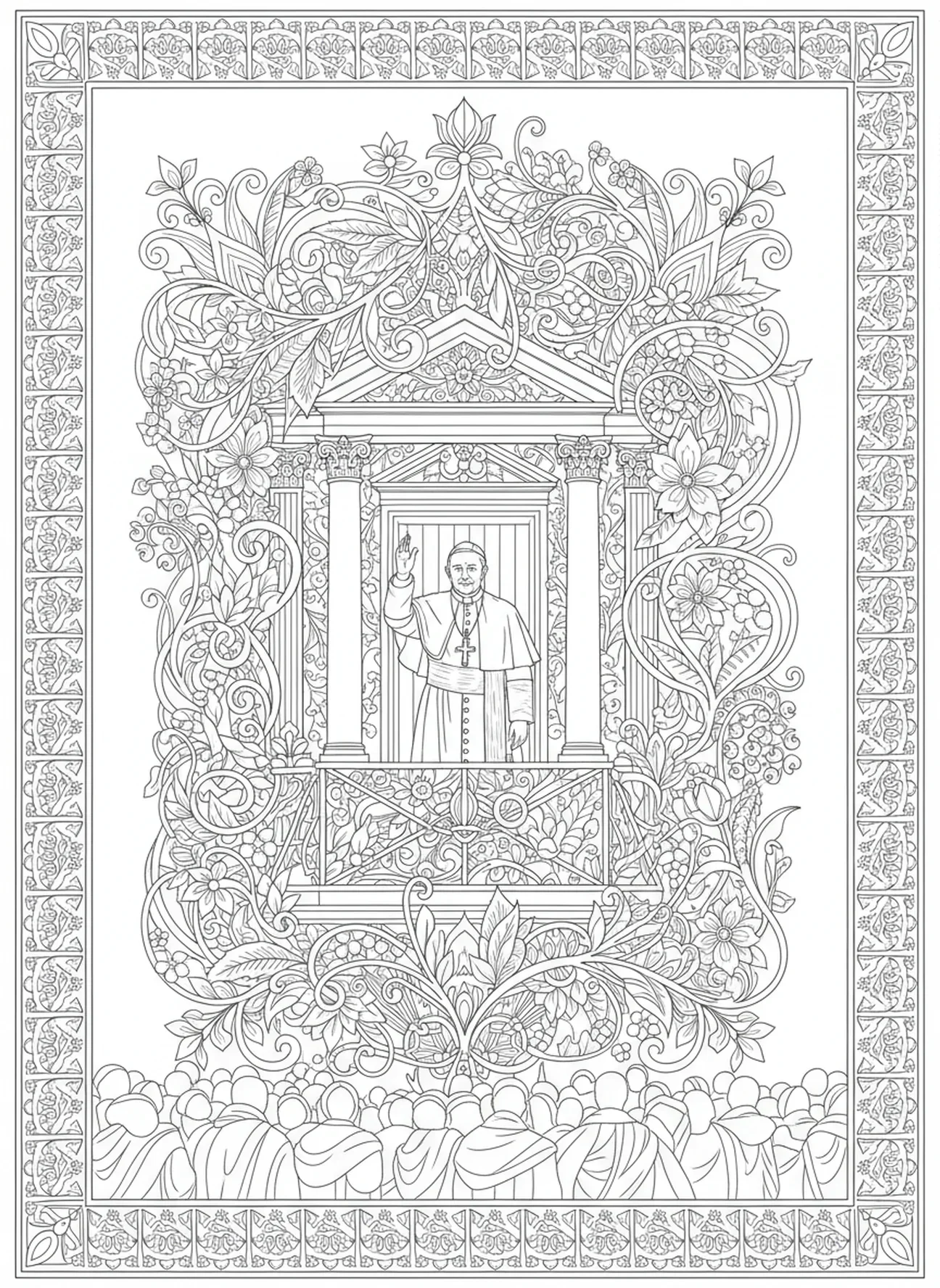 Papa en el Vaticano, página para colorear del Papa estilo journaling bíblico para adultos