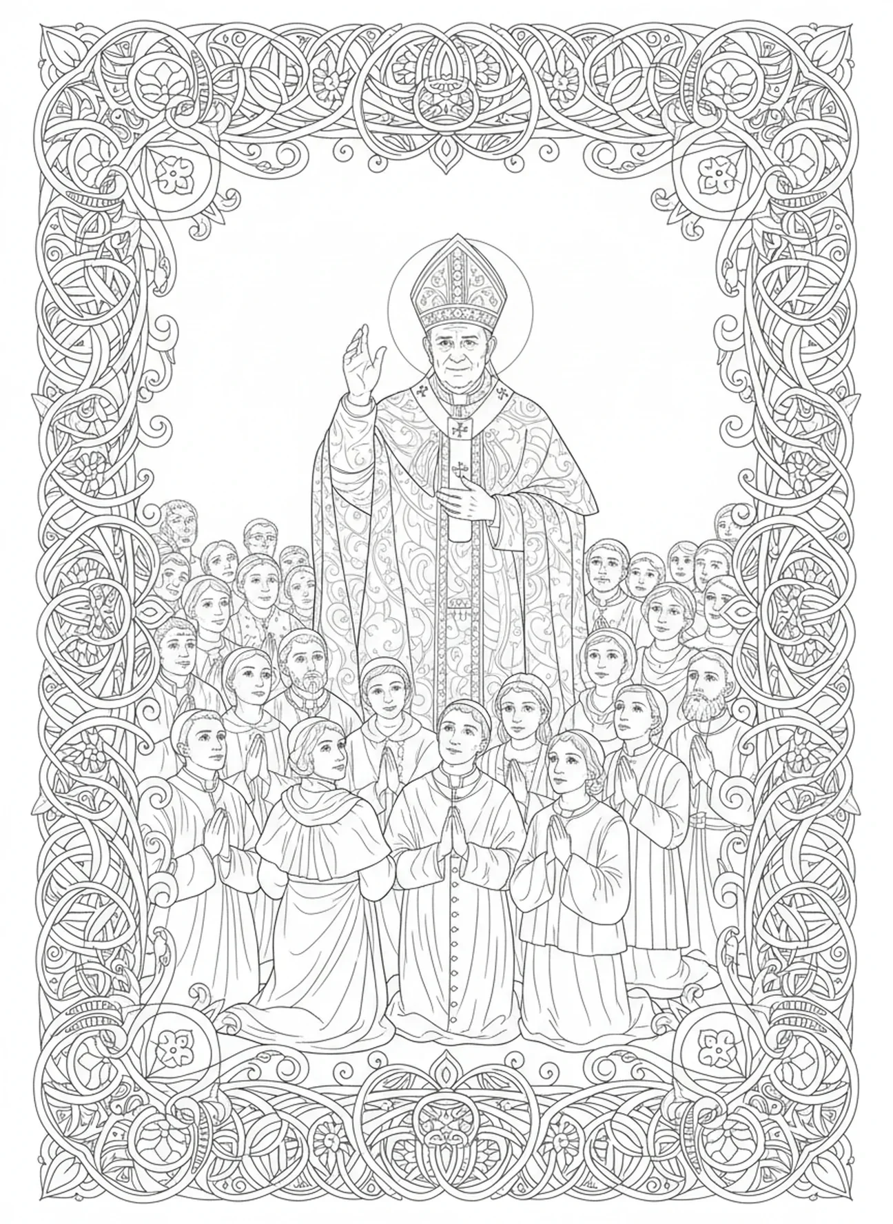 Papa bendiciendo a la multitud, página para colorear del Papa en estilo de journaling bíblico para adultos