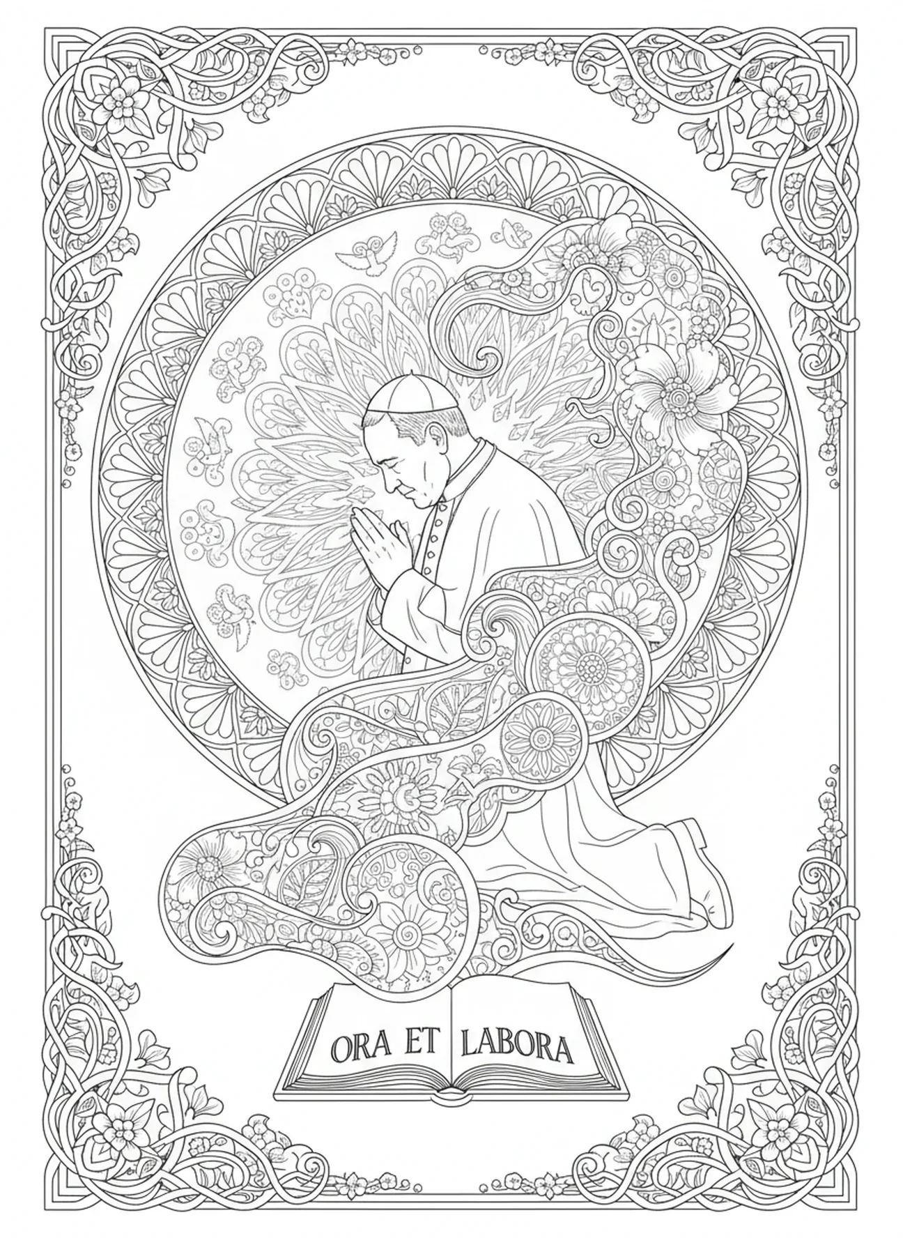 Papa en oración, página para colorear del Papa estilo journaling bíblico para adultos