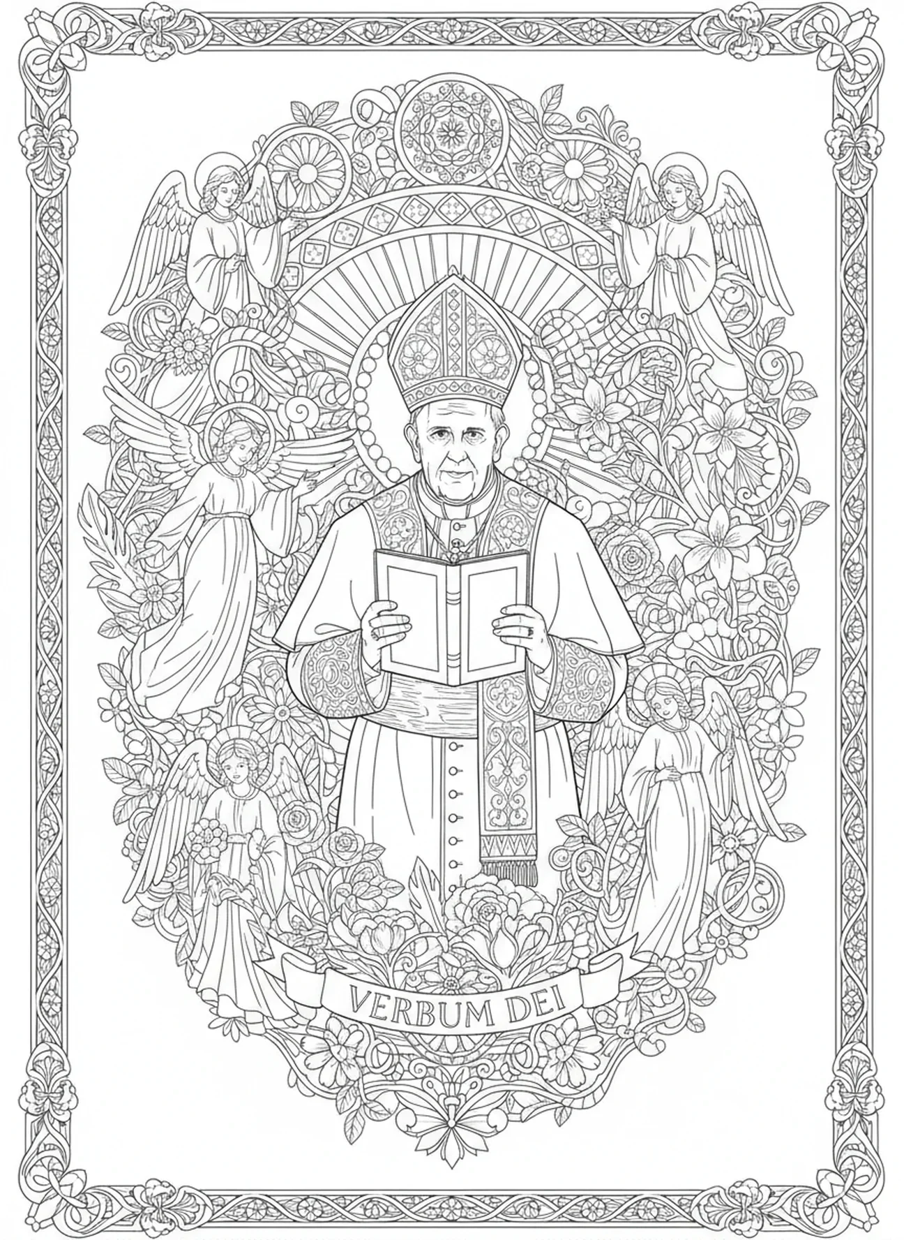 Papa sosteniendo la Biblia, página para colorear del Papa estilo journaling bíblico para adultos