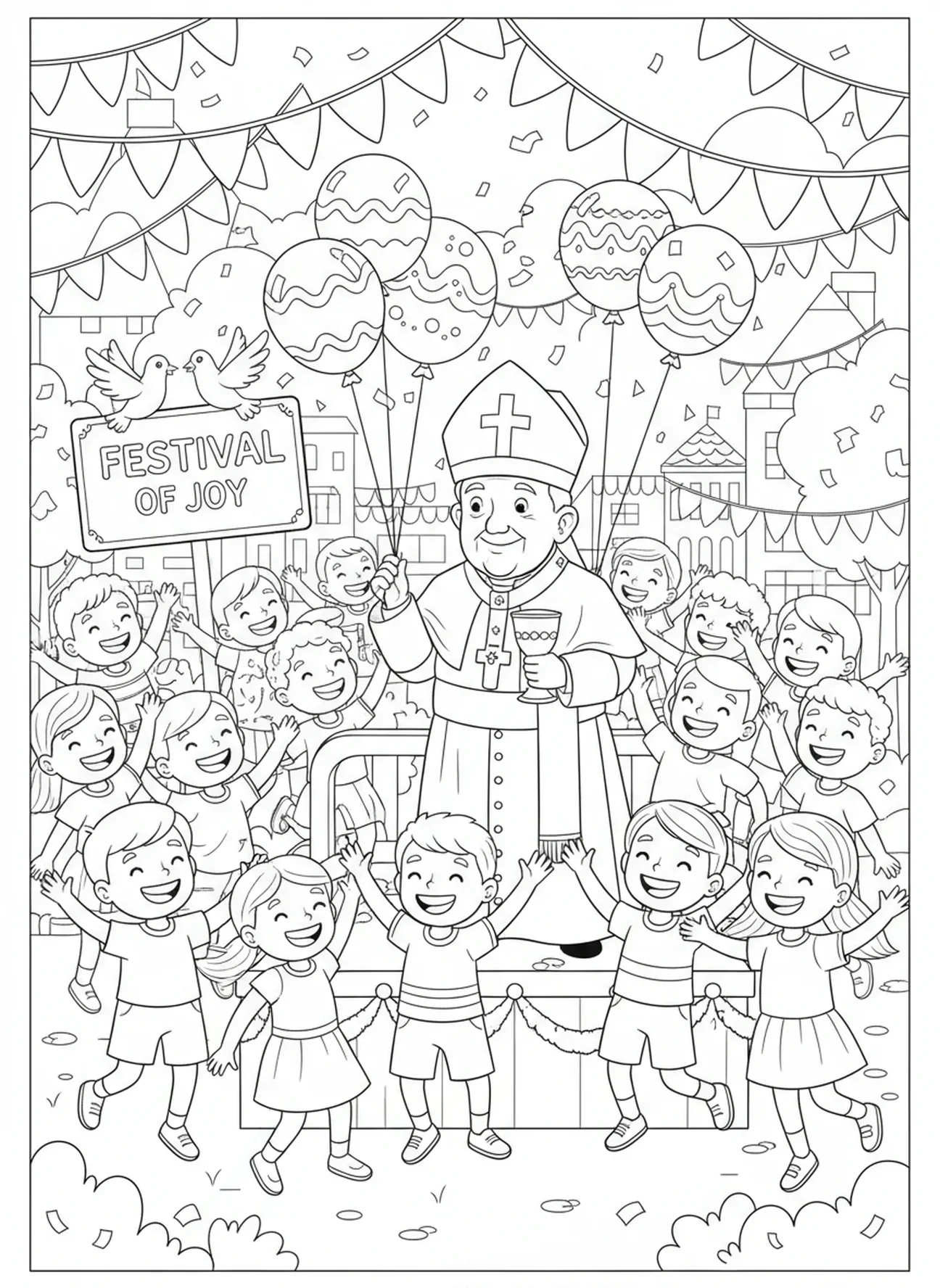 Papa en festival, página para colorear del Papa para niños de 5 a 10 años