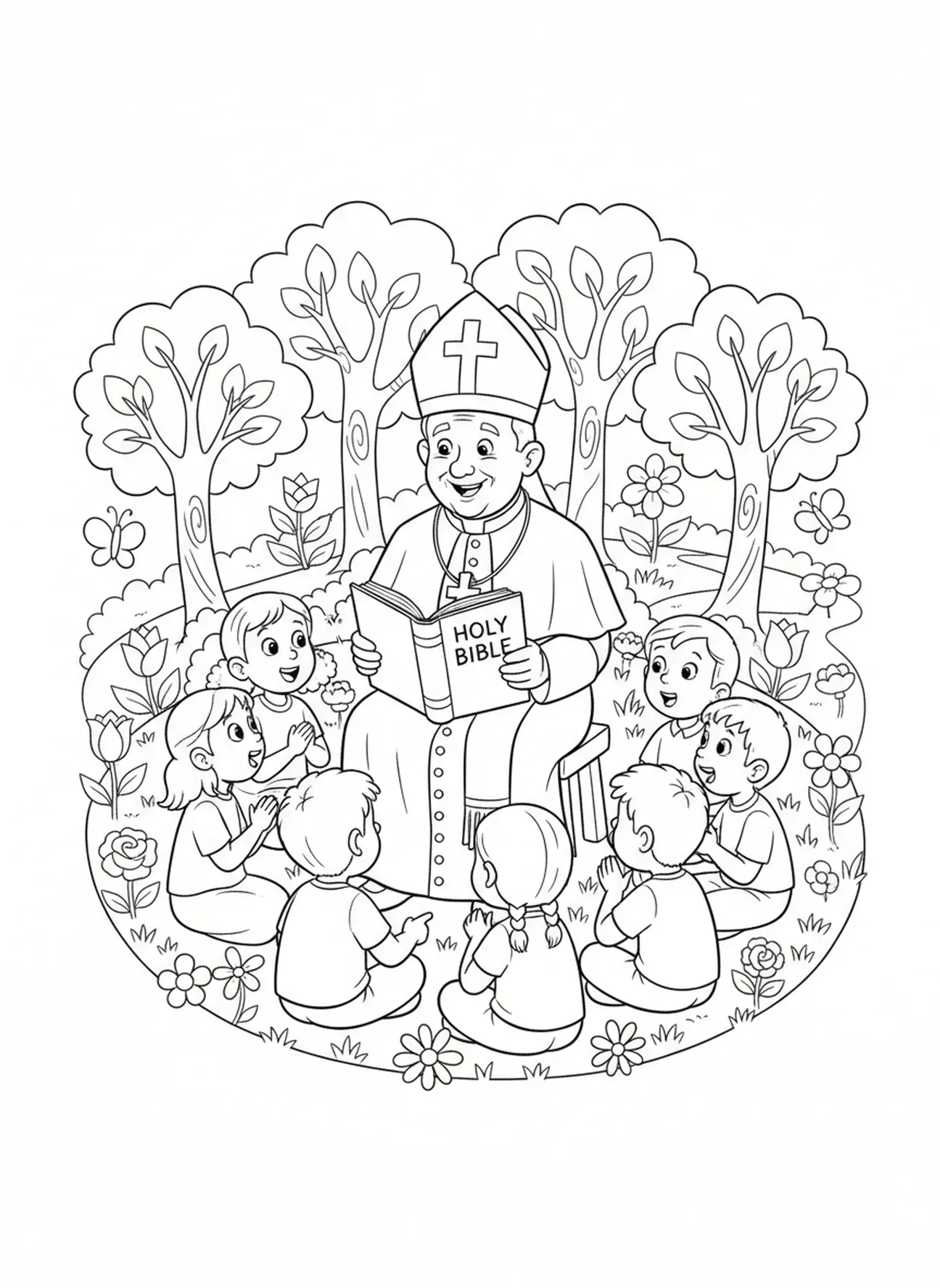 Papa leyendo la Biblia, página para colorear del Papa para niños de 5 a 10 años