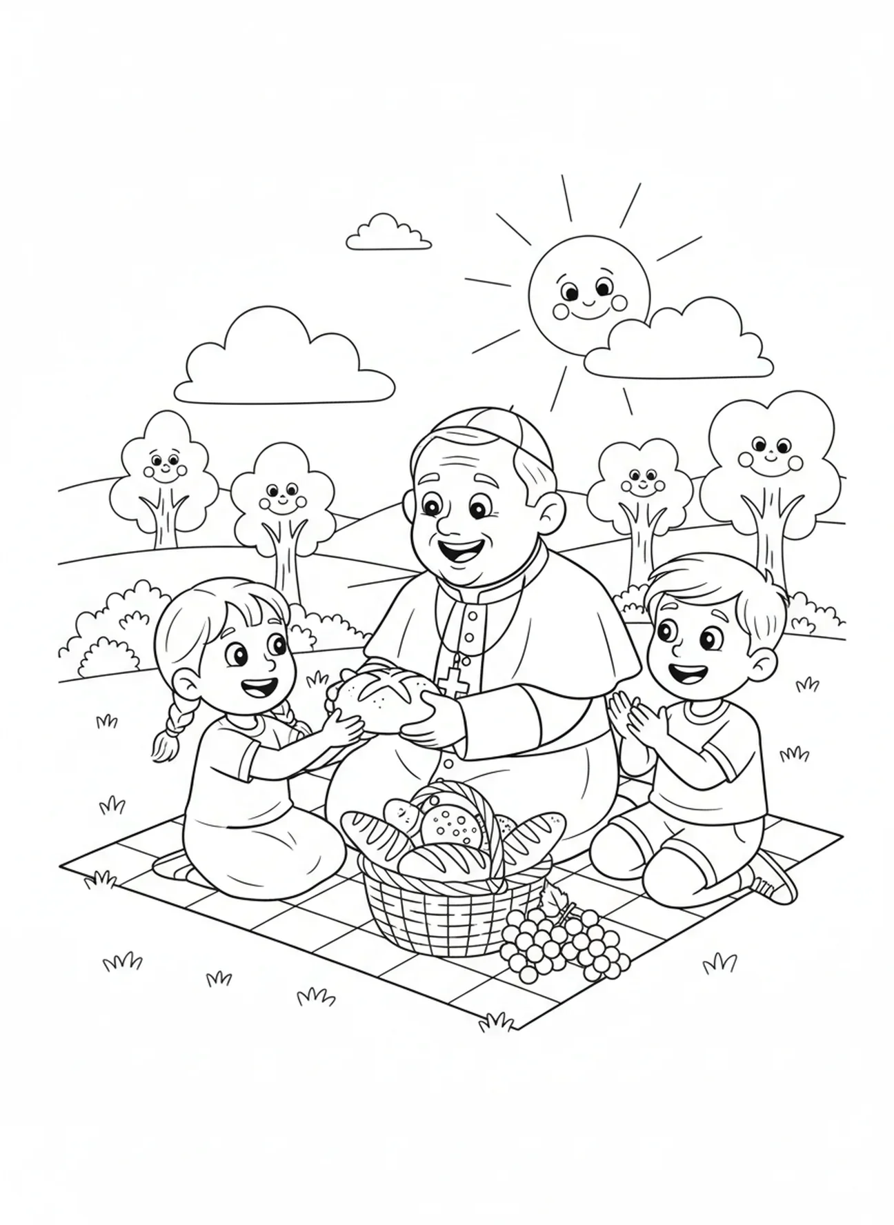 Papa compartiendo pan, página para colorear del Papa para niños de 5 a 10 años