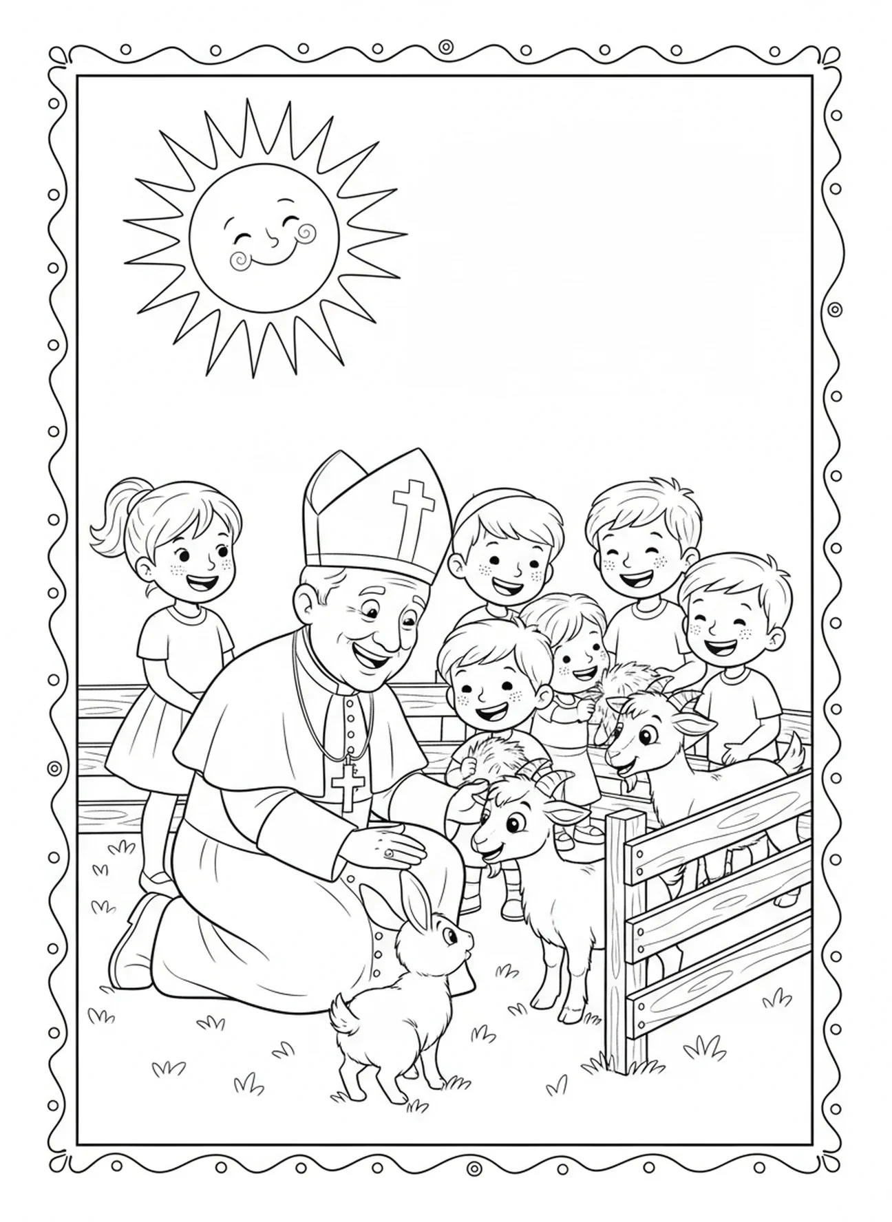 Papa con animales, página para colorear del Papa para niños de 5 a 10 años