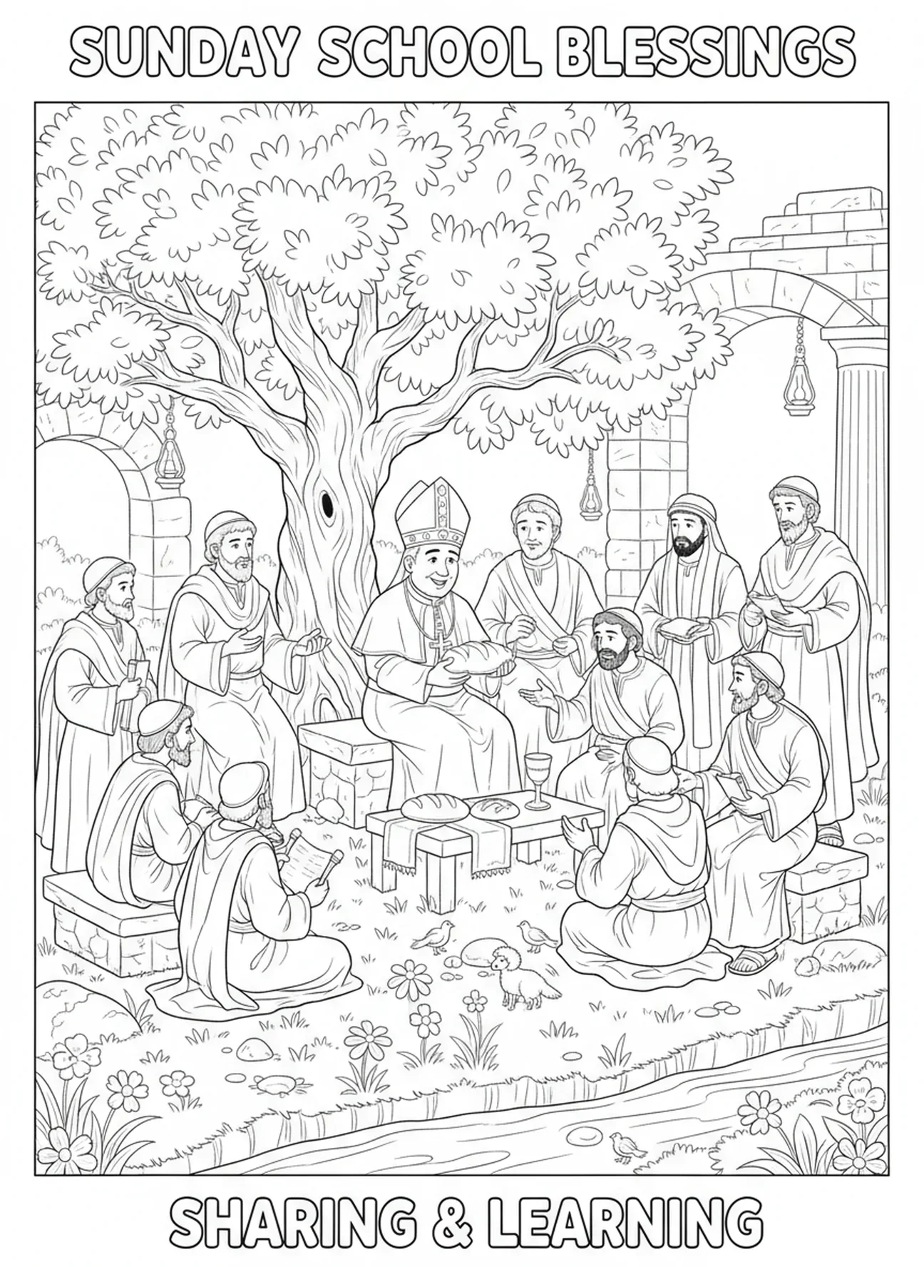 Pape avec des disciples, page à colorier du Pape pour les enfants de catéchisme âgés de 5 à 12 ans.