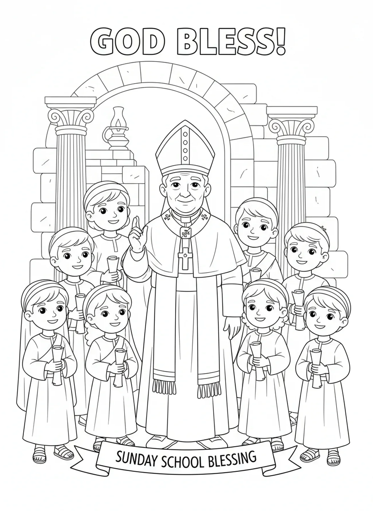 Pape donnant sa bénédiction, page à colorier du Pape pour les enfants de l'École du dimanche âgés de 5 à 12 ans.
