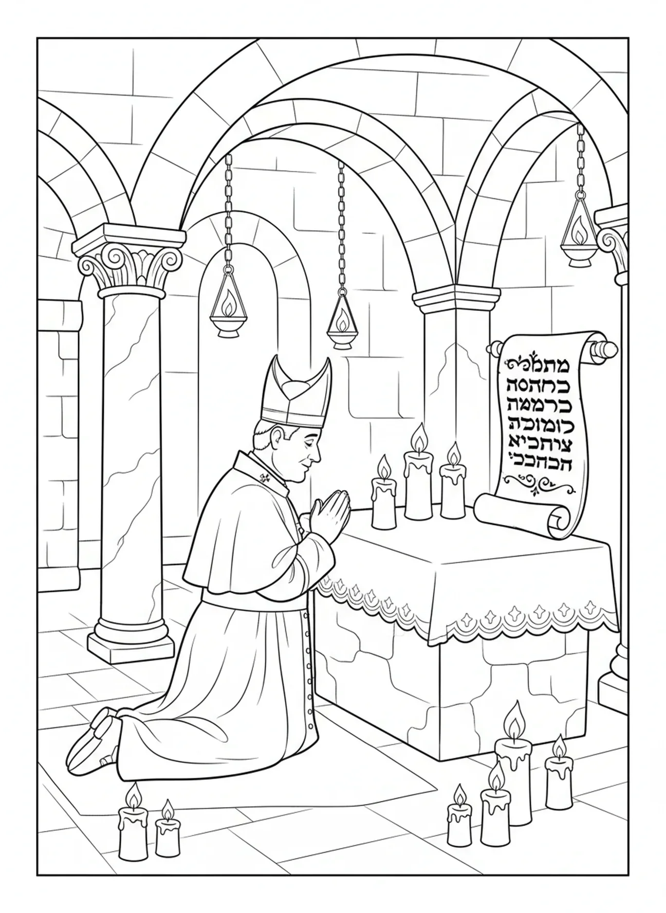 Pape priant à l'autel, page à colorier du Pape pour les enfants de l'École du dimanche âgés de 5 à 12 ans.