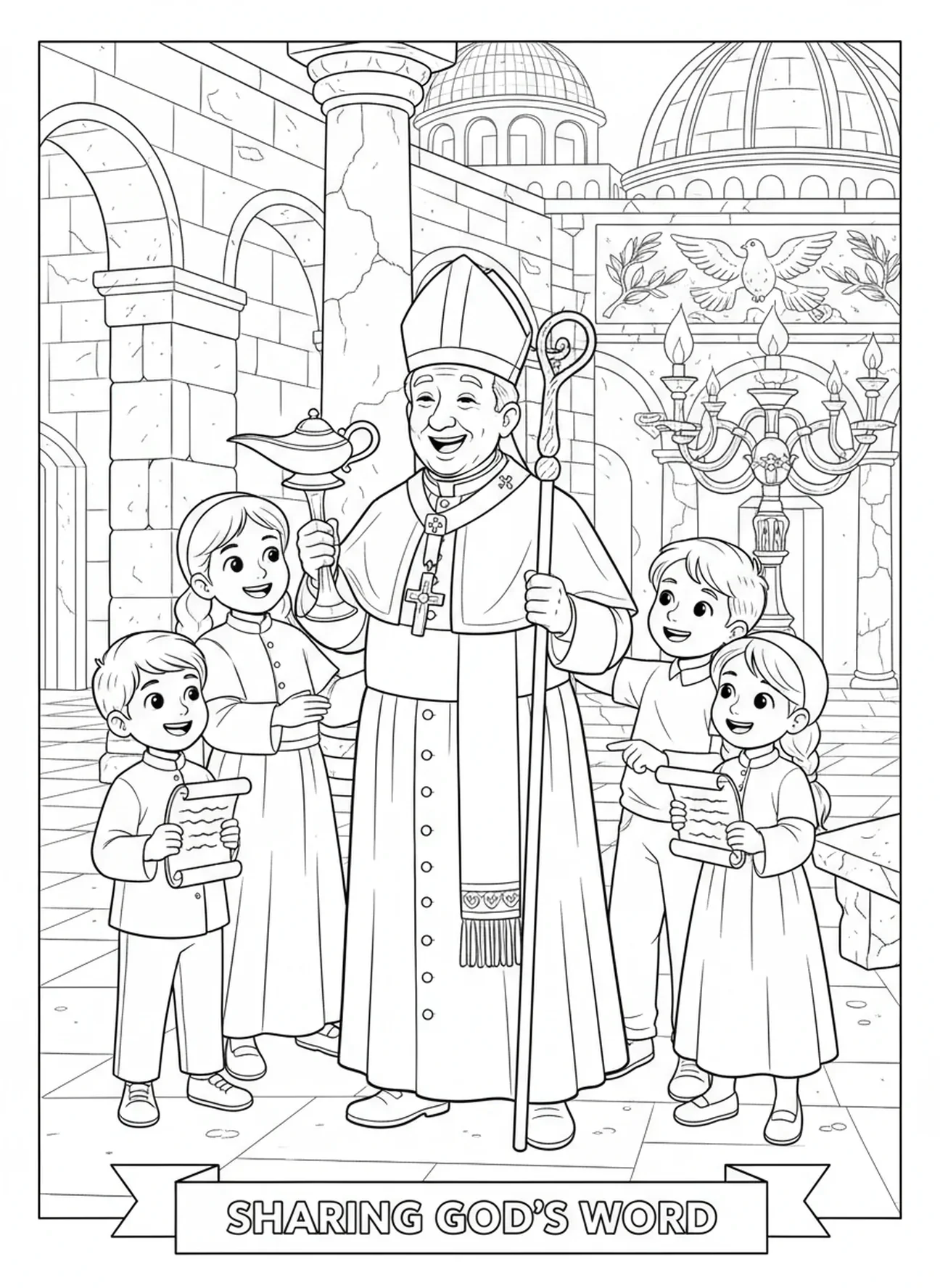 Pape entouré d'enfants, page à colorier du Pape pour les enfants de l'École du dimanche âgés de 5 à 12 ans.