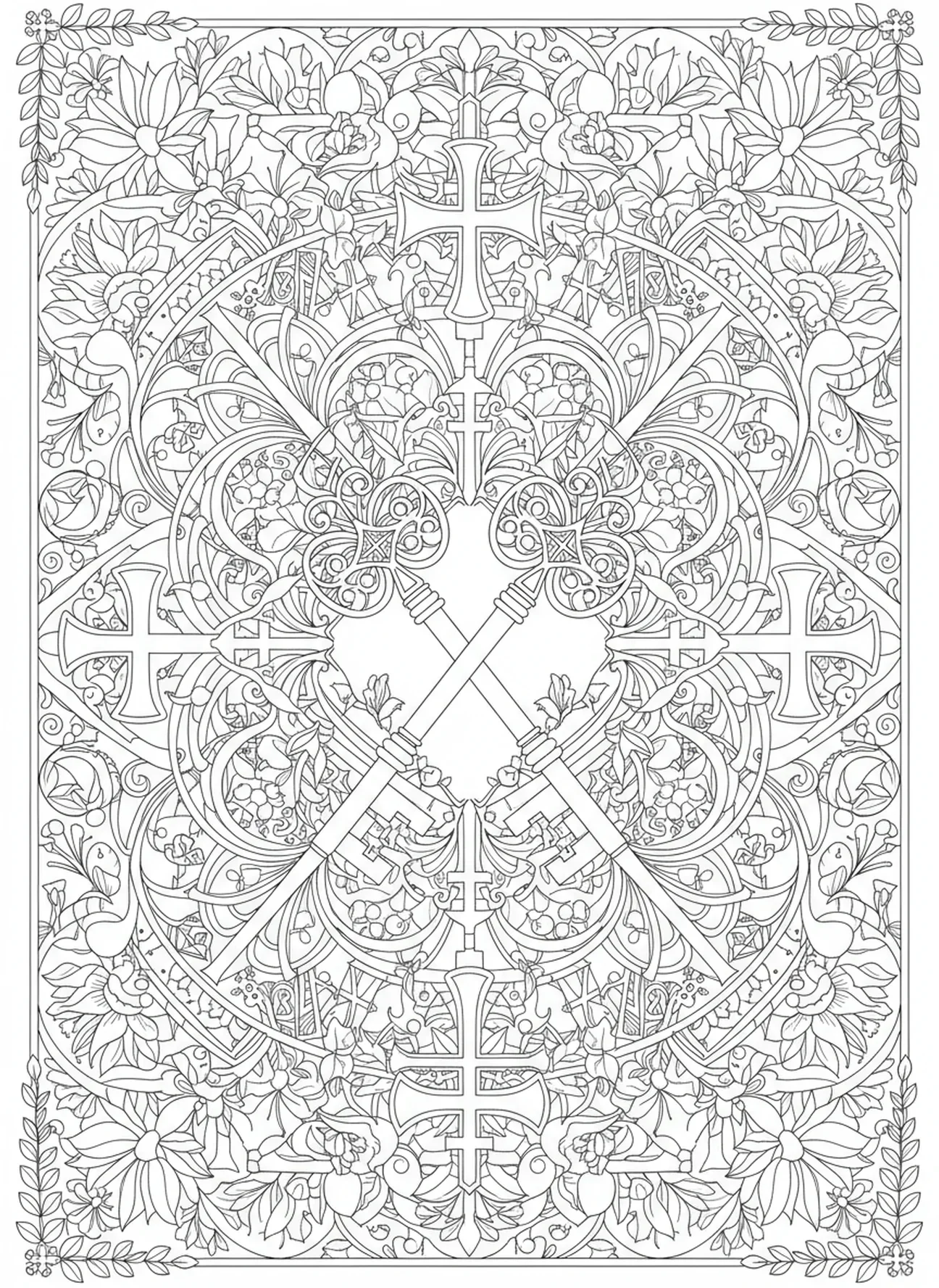 Chaves papais, página para colorir do Vaticano no estilo de journaling bíblico para adultos.