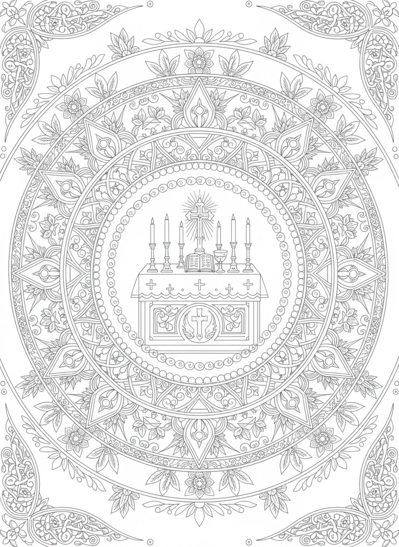 Altar adornado, página para colorir do Vaticano no estilo de journaling bíblico para adultos.