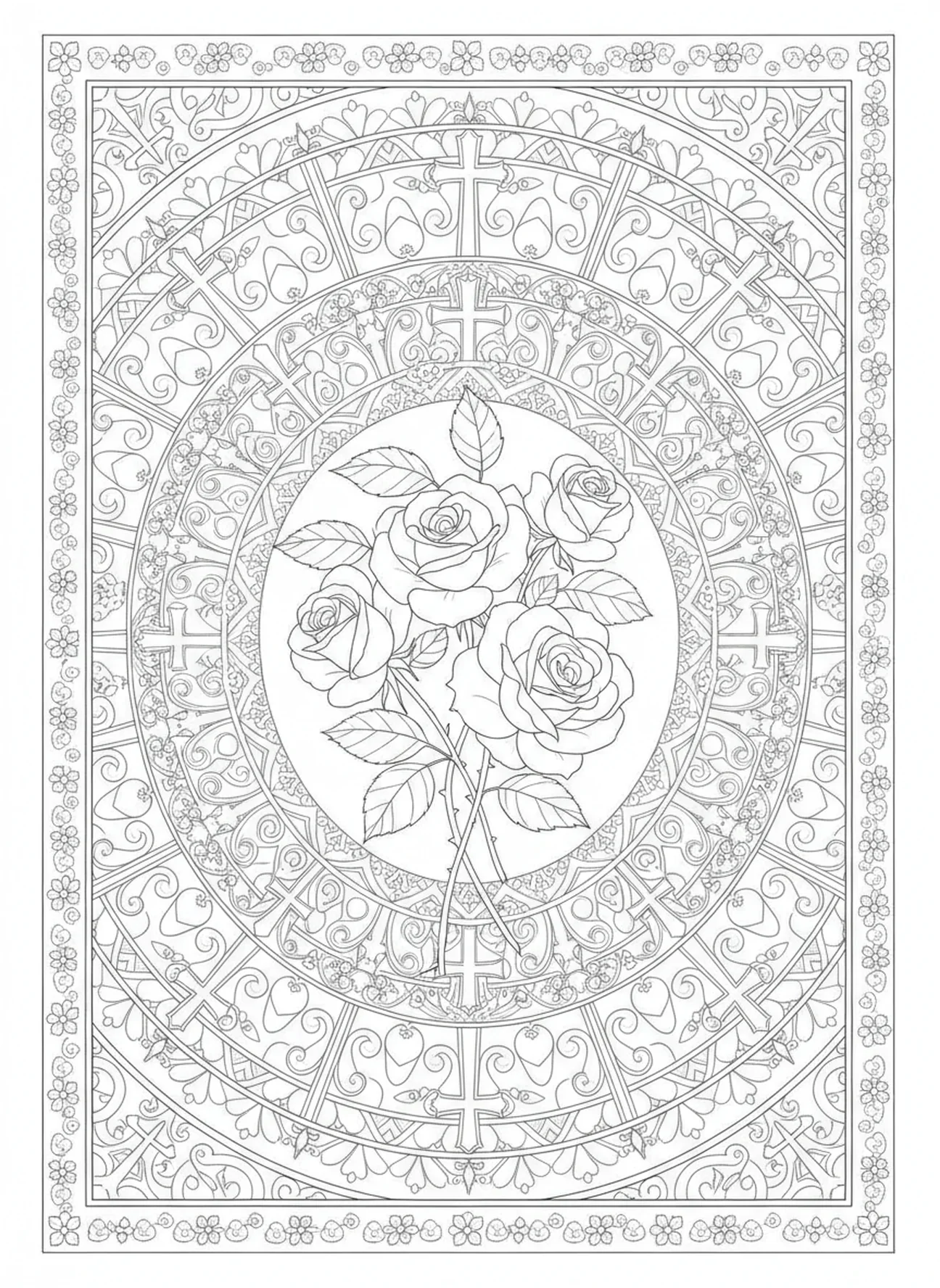 Buquê de rosas, página para colorir do Vaticano no estilo de journaling bíblico para adultos.