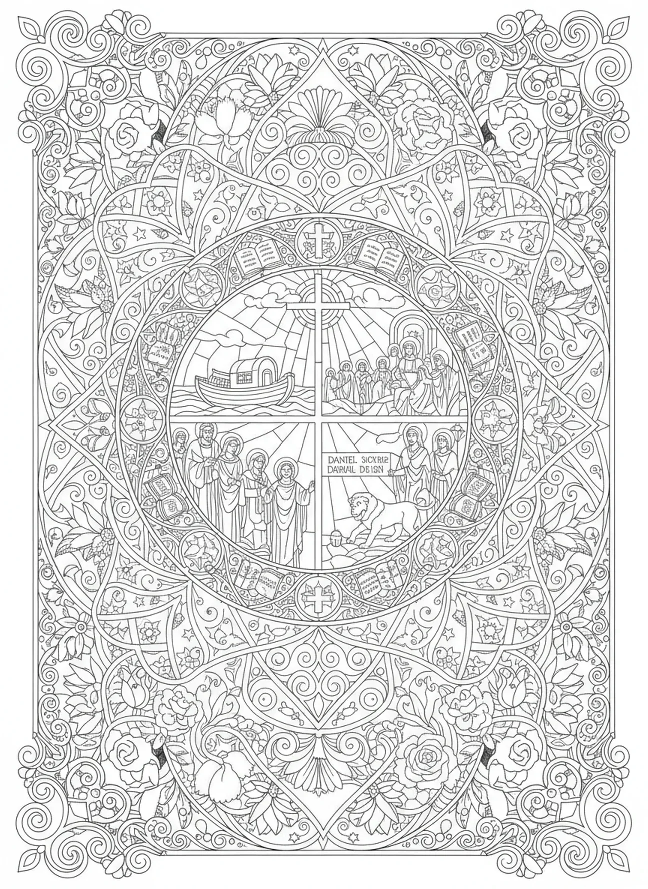 Vitral ornamentado, página para colorir do Vaticano no estilo de journaling bíblico para adultos.