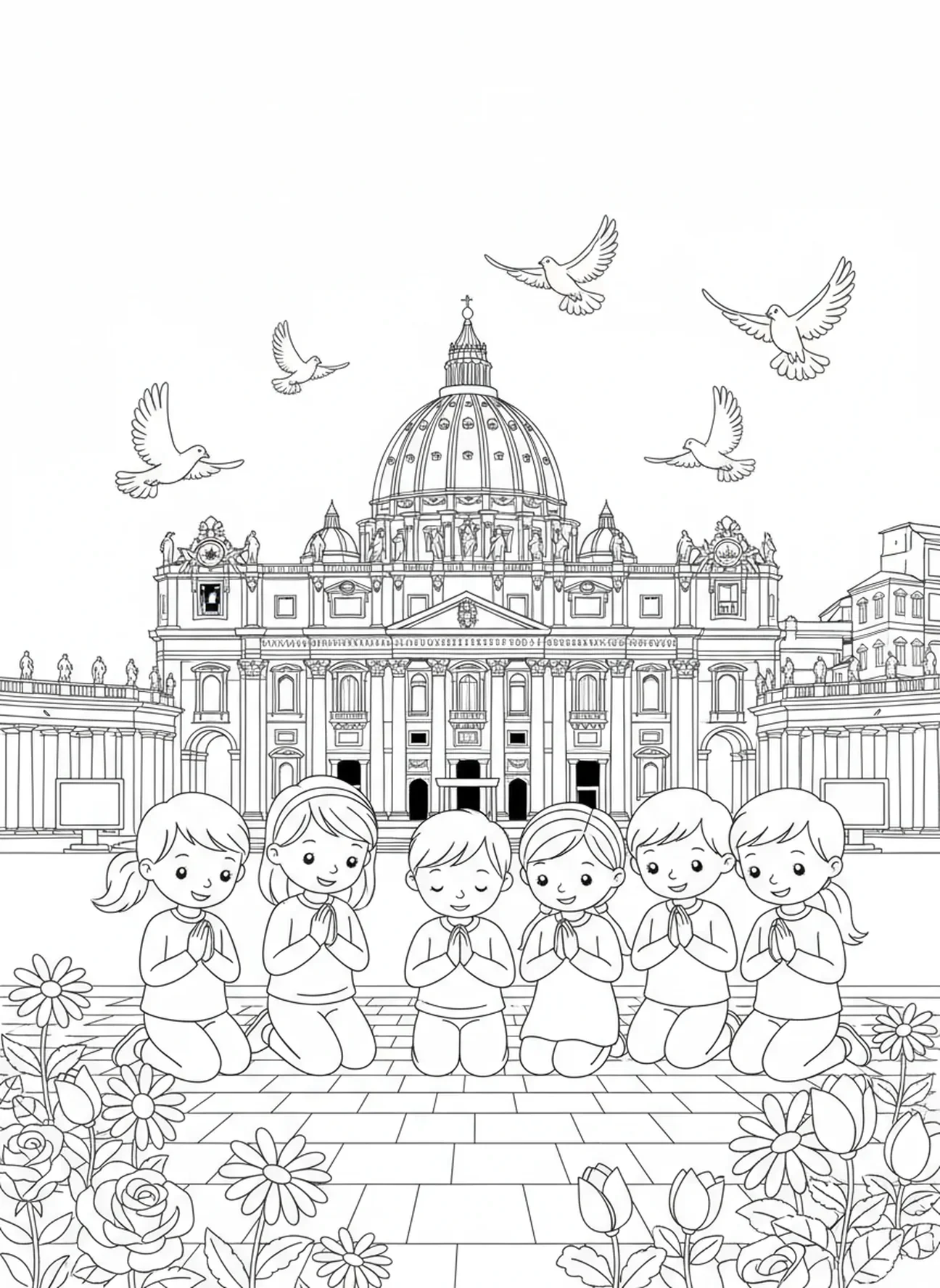 Niños orando, página para colorear del Vaticano para niños de 5 a 10 años