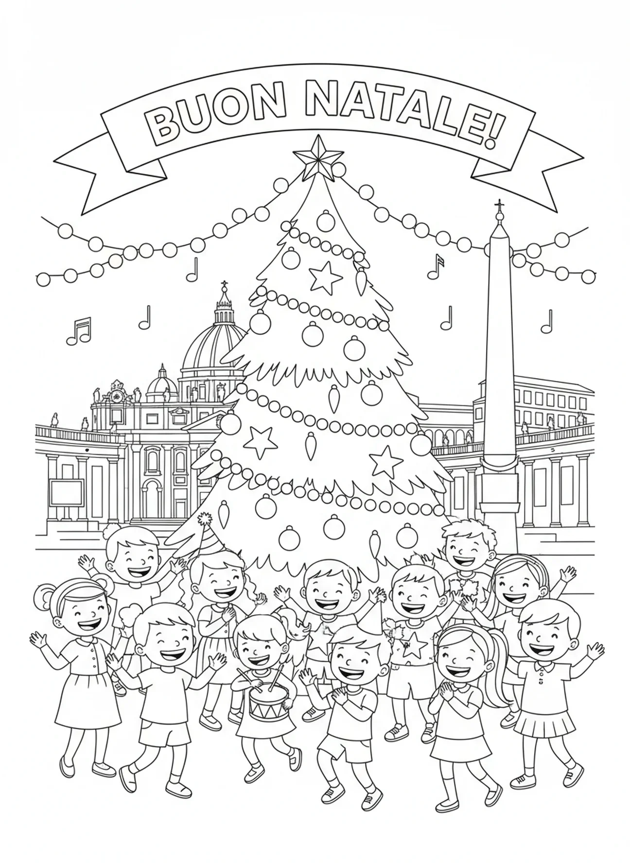 Niños celebrando fiestas, página para colorear del Vaticano para niños de 5 a 10 años