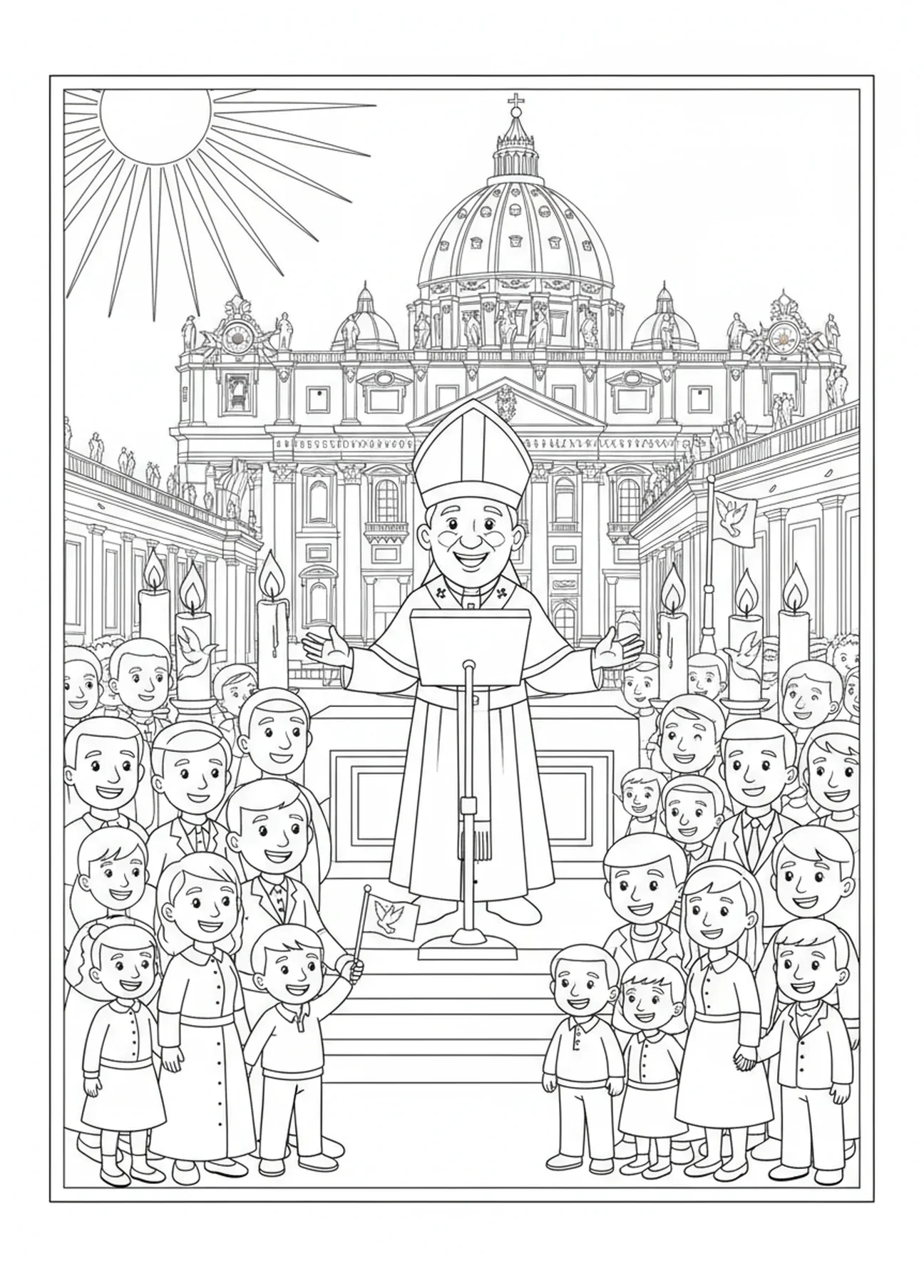 Familias en misa, página para colorear del Vaticano para niños de 5 a 10 años