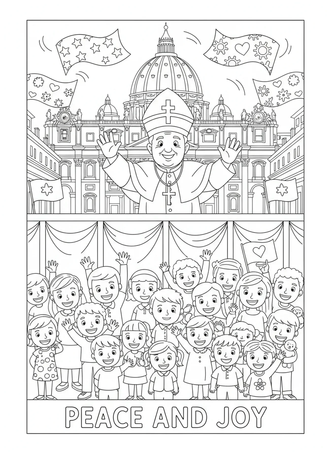 Papa alegre saludando, página para colorear del Vaticano para niños de 5 a 10 años
