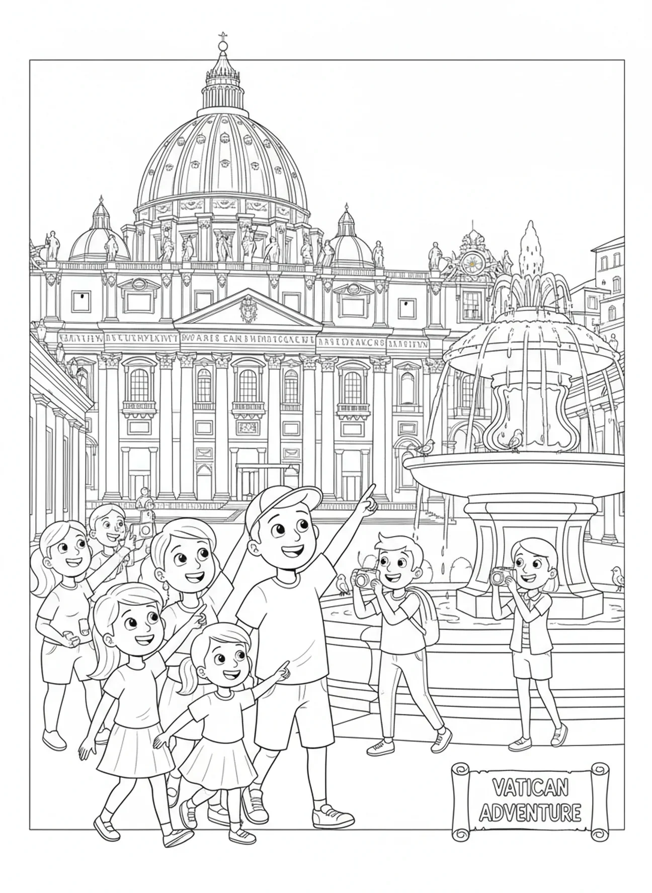 Familias explorando la arquitectura, página para colorear del Vaticano para niños de 5 a 10 años