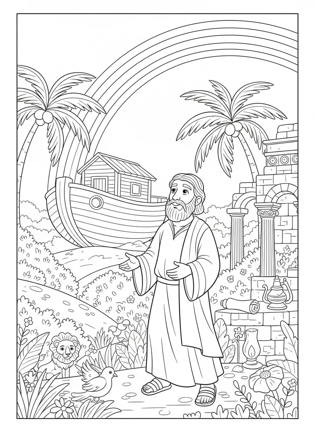 Noé regardant l'arc-en-ciel, page à colorier Vatican pour les enfants de catéchisme âgés de 5 à 12 ans