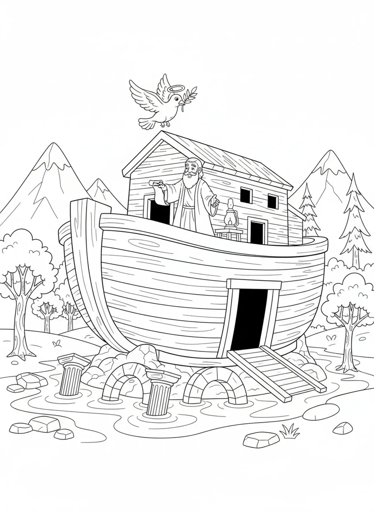 Colombe avec une branche d'olivier, page à colorier Vatican pour les enfants de catéchisme âgés de 5 à 12 ans