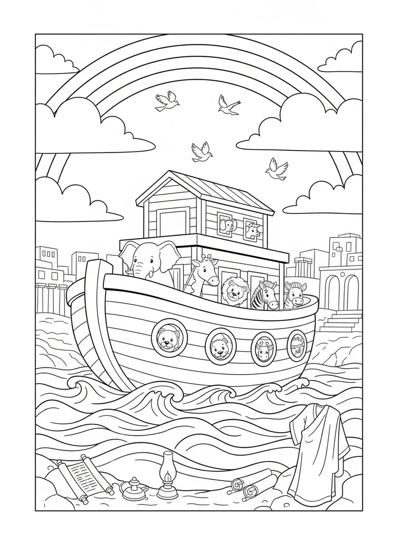 Arc-en-ciel au-dessus de l'arche, page à colorier Vatican pour les enfants de catéchisme âgés de 5 à 12 ans