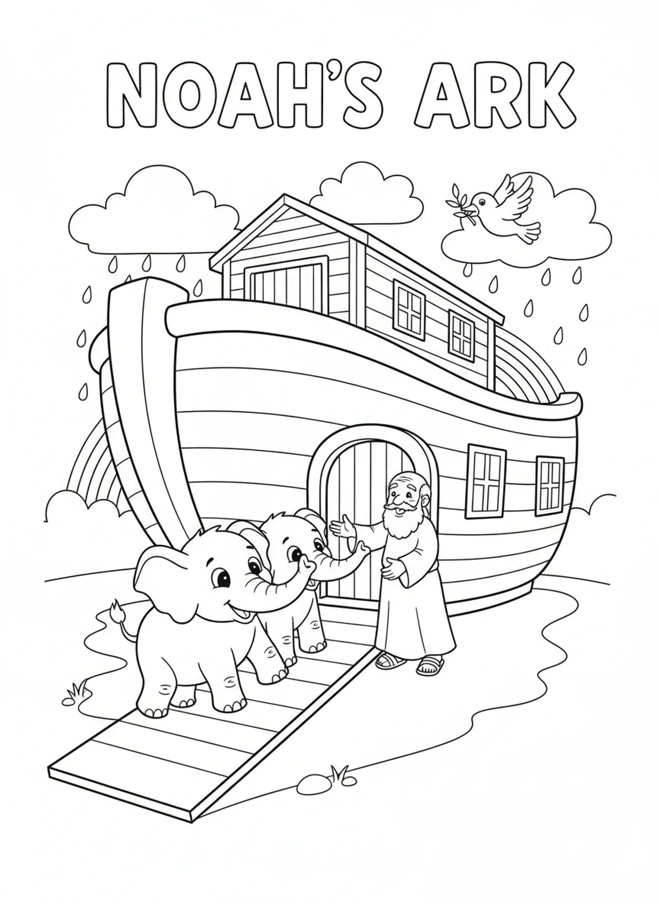 Pair of elephants entering the ark, Compassion coloring page for kids age 5-10.
