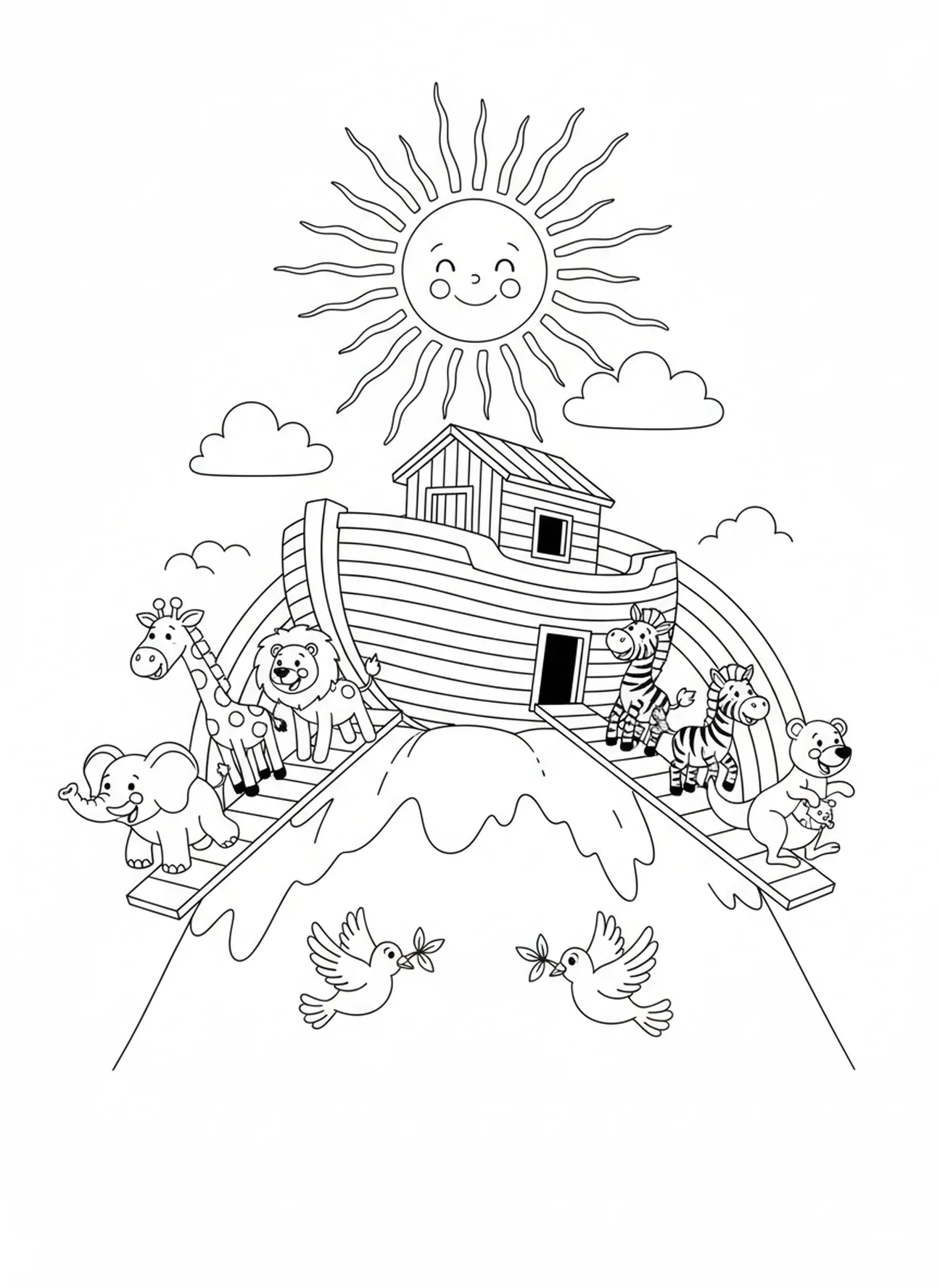 Ark on a mountain top, Compassion coloring page for kids age 5-10.