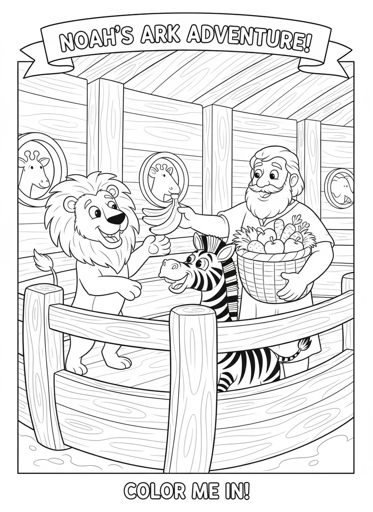 Noah feeding animals in the ark, Compassion coloring page for kids age 5-10.