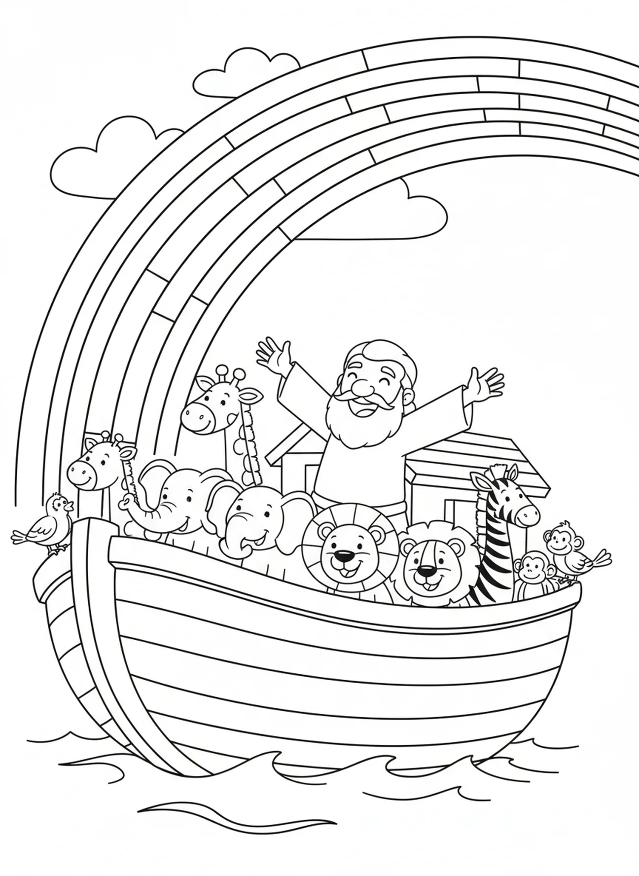 Rainbow over the ark, Compassion coloring page for kids age 5-10.