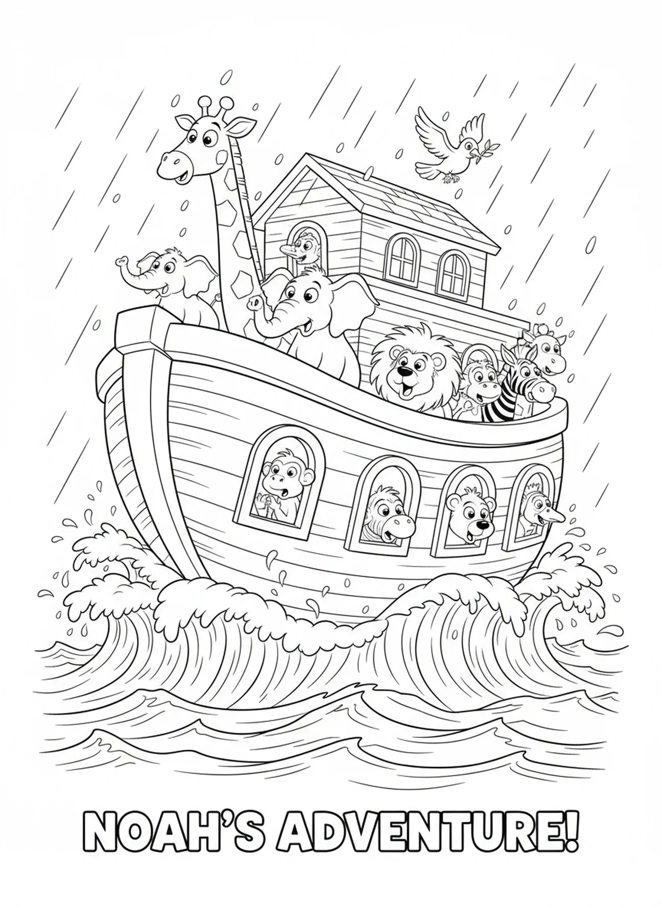 Ark on stormy seas, Compassion coloring page for kids age 5-10.